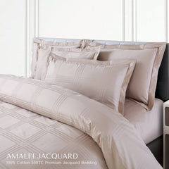 Malako Amalfi Jacquard Beige Checks 550 TC 100% Cotton King Size Bedding Set - MALAKO