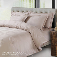 Malako Amalfi Jacquard Beige Checks 550 TC 100% Cotton King Size Bedding Set - MALAKO