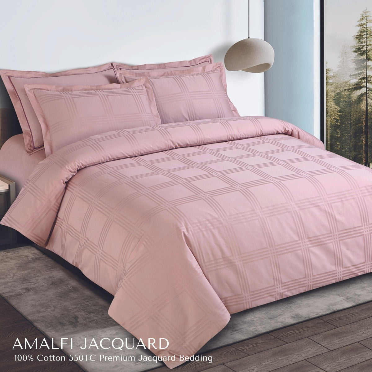Malako Amalfi Jacquard Blush Pink Checks 550 TC 100% Cotton King Size Bedding Set - MALAKO
