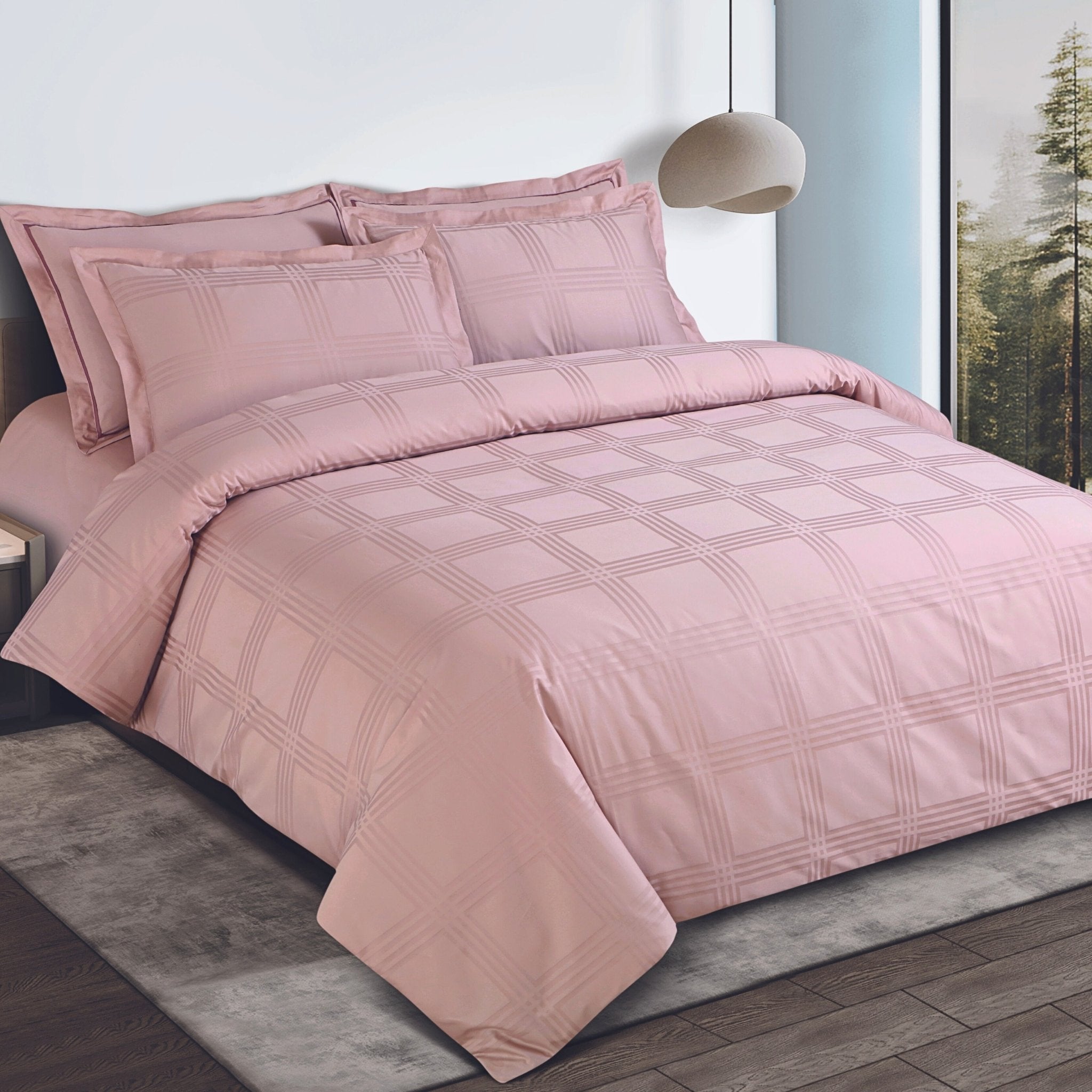 Malako Amalfi Jacquard Blush Pink Checks 550 TC 100% Cotton King Size Bedding Set - MALAKO