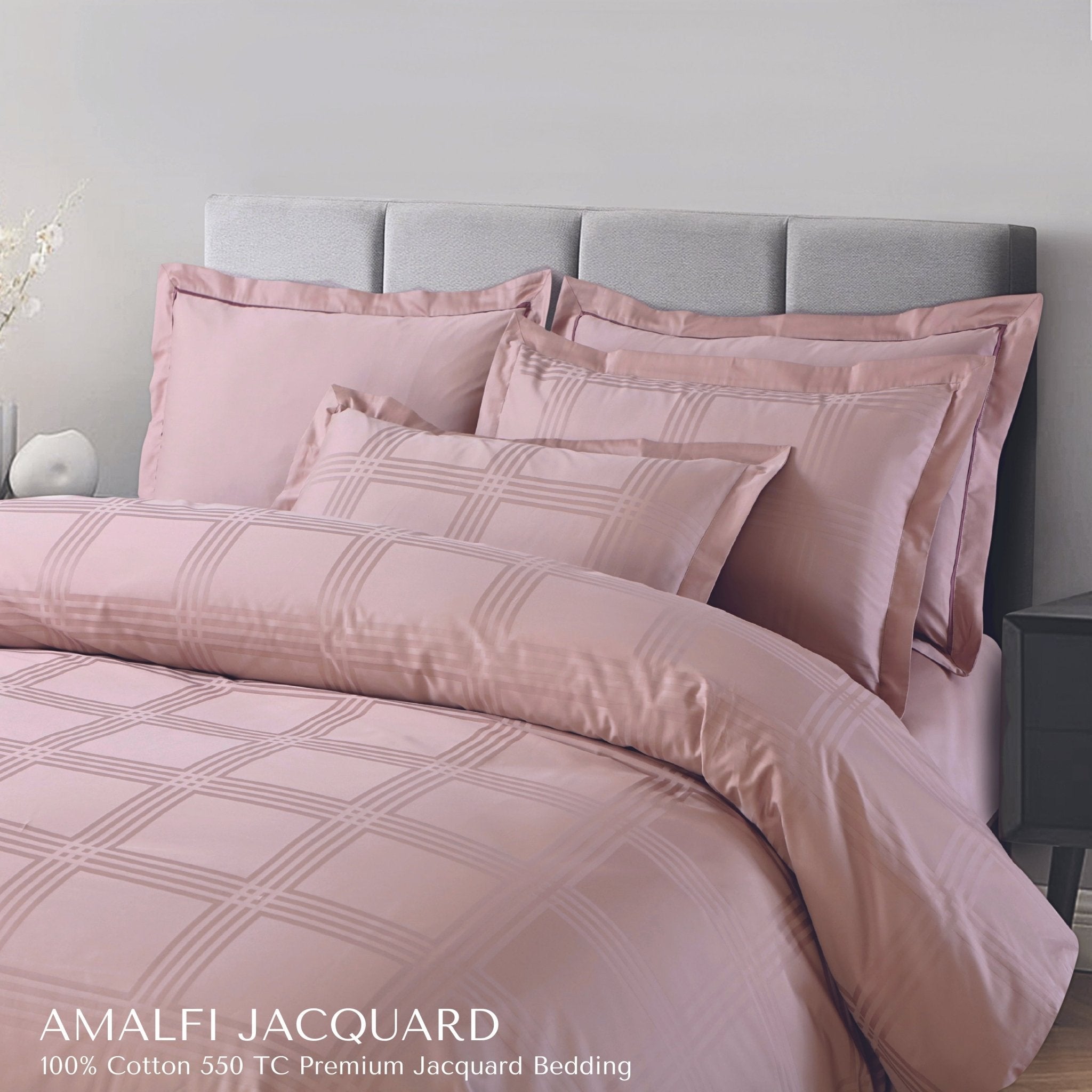 Malako Amalfi Jacquard Blush Pink Checks 550 TC 100% Cotton King Size Bedding Set - MALAKO
