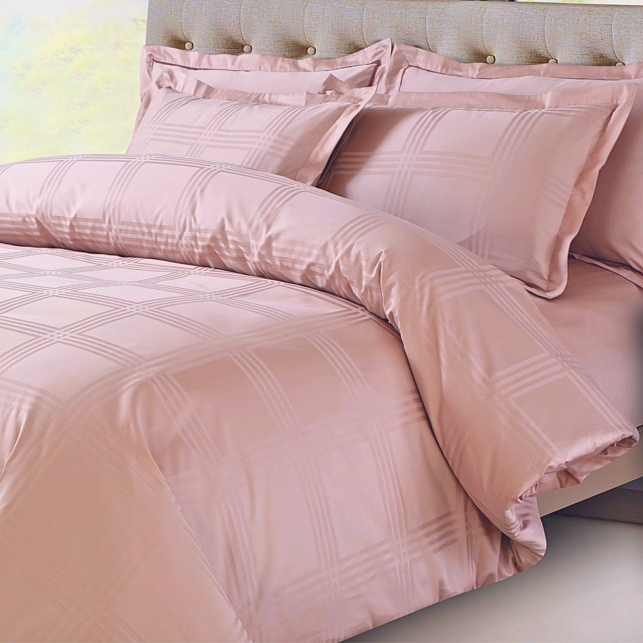 Malako Amalfi Jacquard Blush Pink Checks 550 TC 100% Cotton King Size Bedding Set - MALAKO