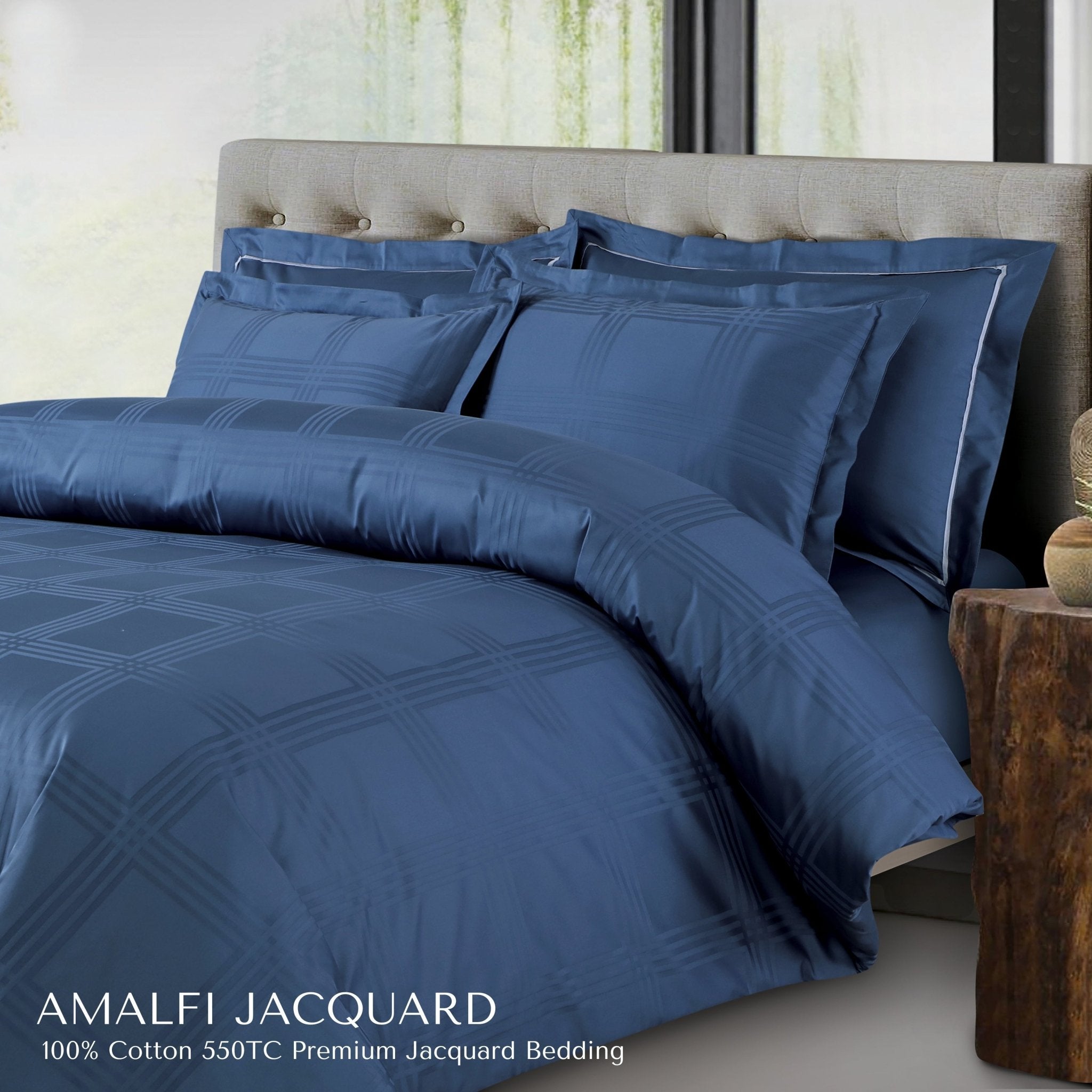 Malako Amalfi Jacquard Legion Blue Checks 550 TC 100% Cotton Duvet Cover - MALAKO