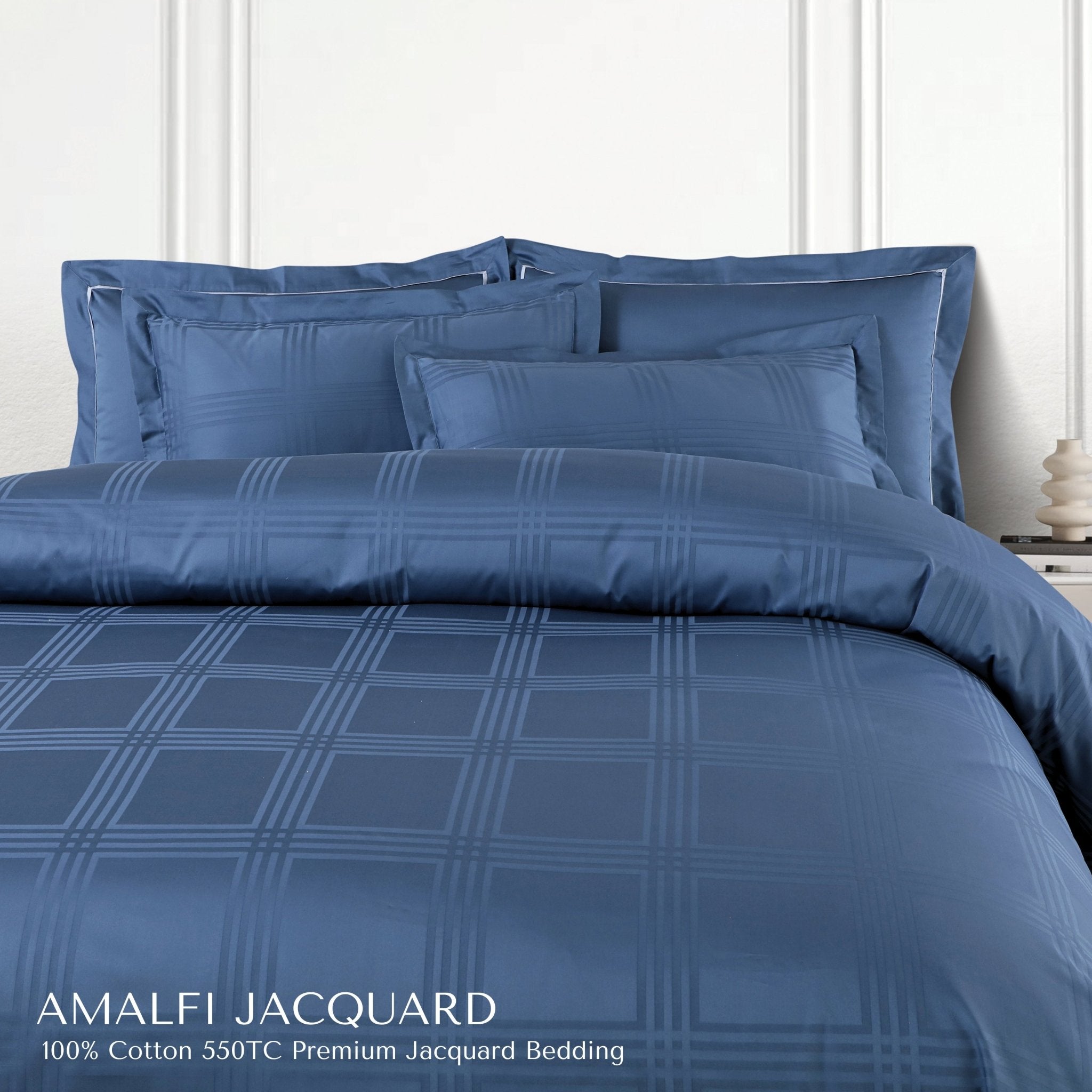 Malako Amalfi Jacquard Legion Blue Checks 550 TC 100% Cotton Duvet Cover - MALAKO