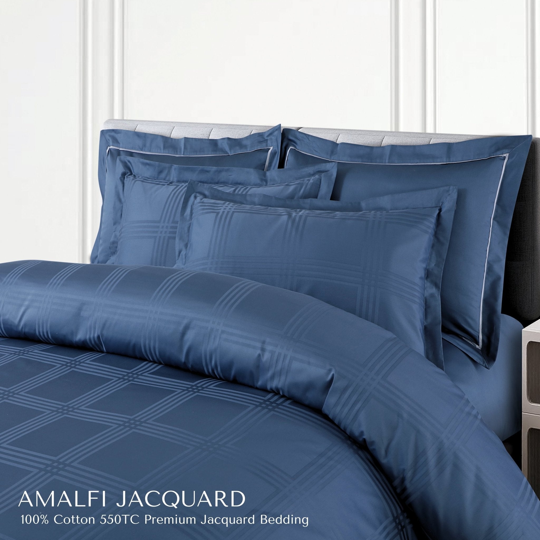 Malako Amalfi Jacquard Legion Blue Checks 550 TC 100% Cotton Duvet Cover - MALAKO