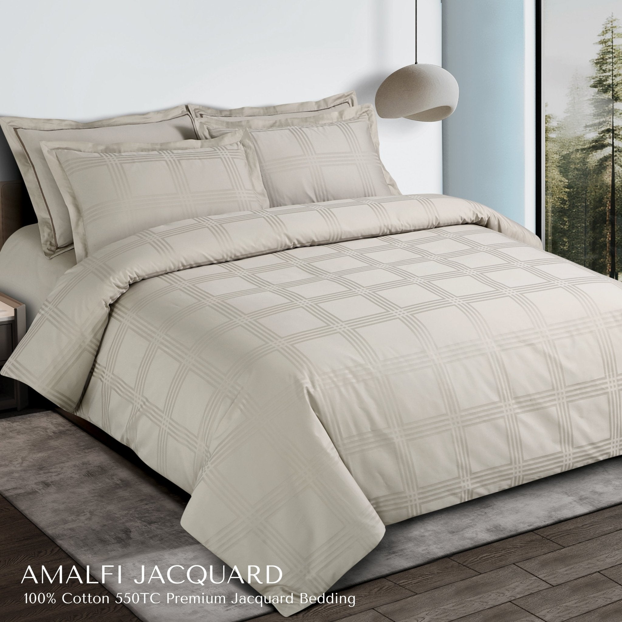 Malako Amalfi Jacquard Olive Beige Checks 550 TC 100% Cotton Duvet Cover - MALAKO