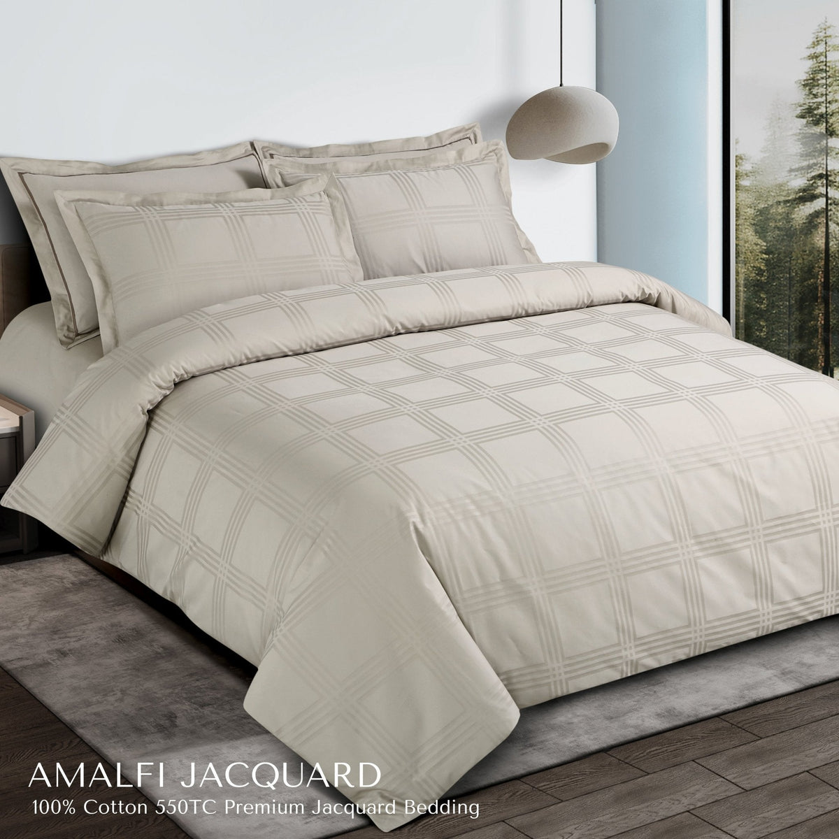 Malako Amalfi Jacquard Olive Beige Checks 550 TC 100% Cotton Duvet Cover - MALAKO