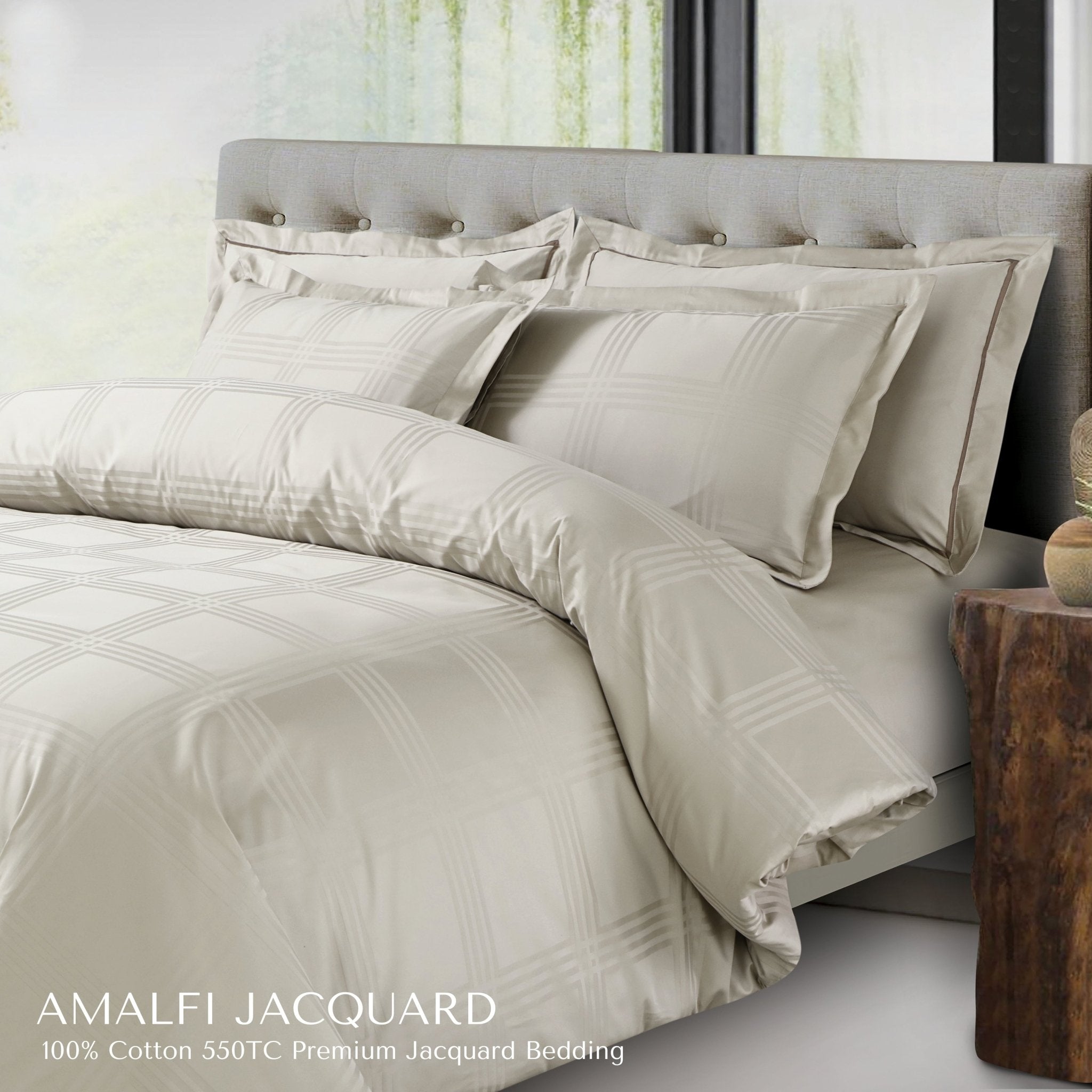 Malako Amalfi Jacquard Olive Beige Checks 550 TC 100% Cotton Duvet Cover - MALAKO