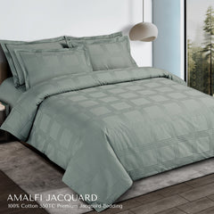 Malako Amalfi Jacquard Olive Green Checks 550 TC 100% Cotton King Size Bedding Set - MALAKO