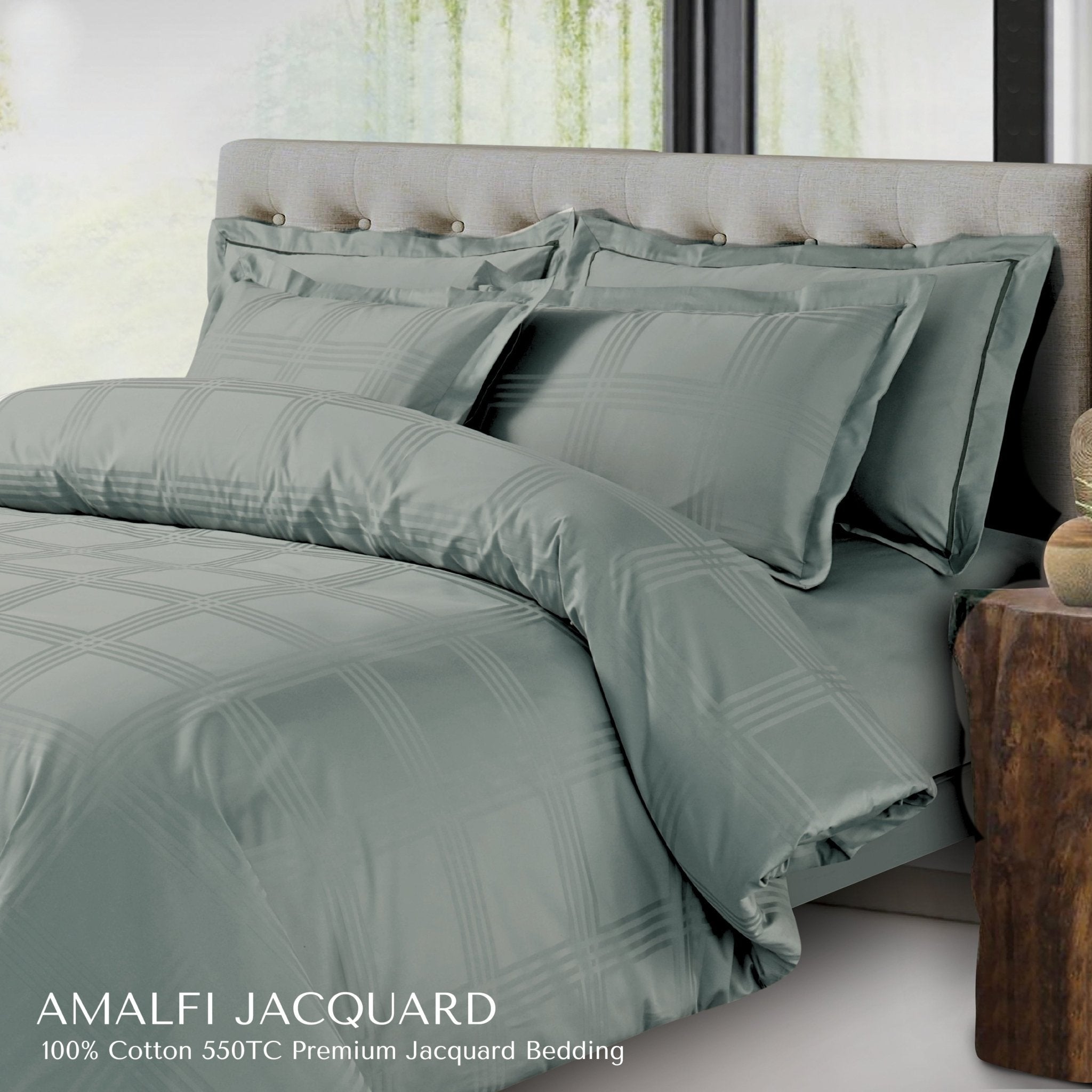 Malako Amalfi Jacquard Olive Green Checks 550 TC 100% Cotton King Size Bedding Set - MALAKO