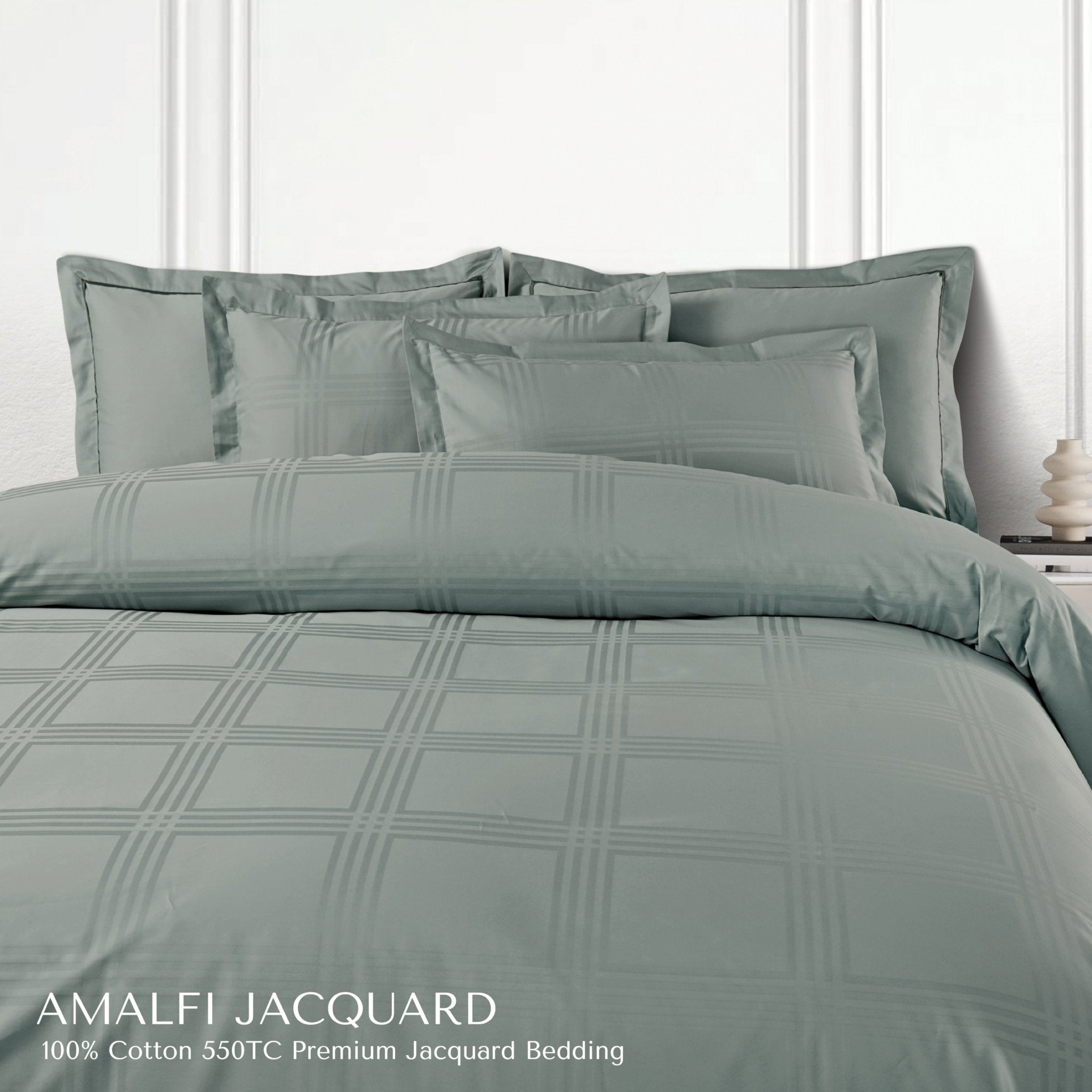 Malako Amalfi Jacquard Olive Green Checks 550 TC 100% Cotton King Size Bedding Set - MALAKO