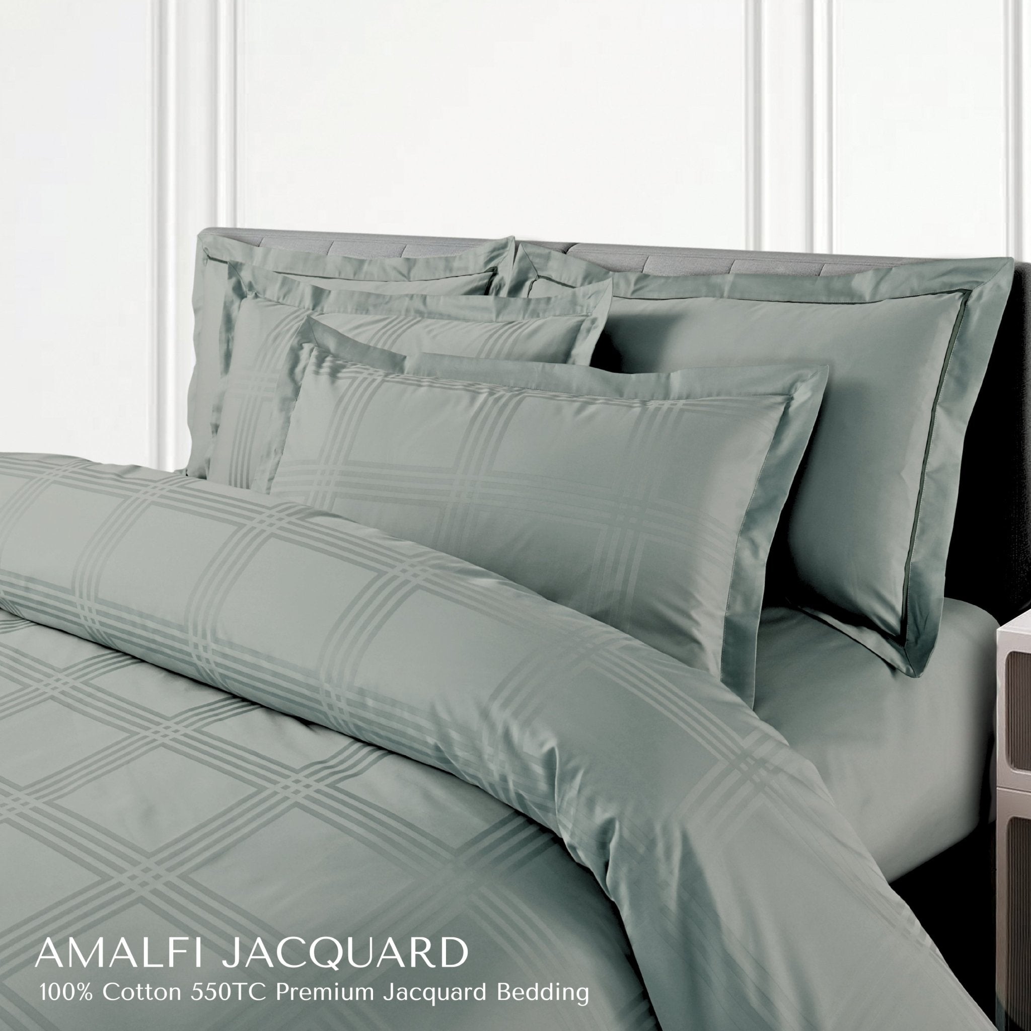 Malako Amalfi Jacquard Olive Green Checks 550 TC 100% Cotton King Size Bedding Set - MALAKO
