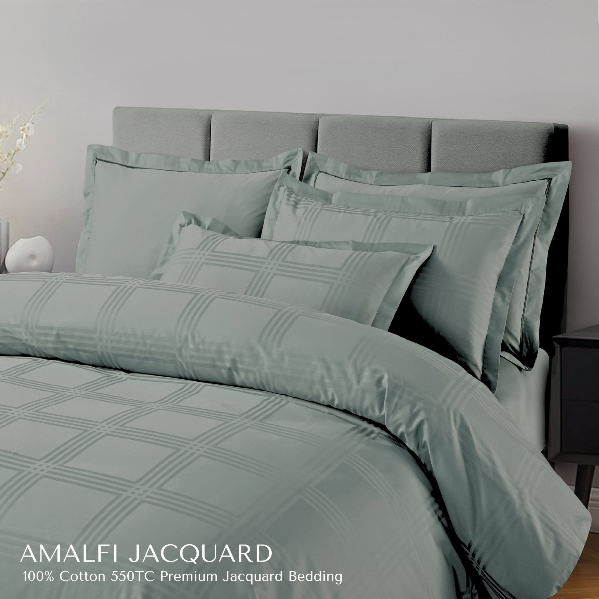 Malako Amalfi Jacquard Olive Green Checks 550 TC 100% Cotton King Size Bedding Set - MALAKO