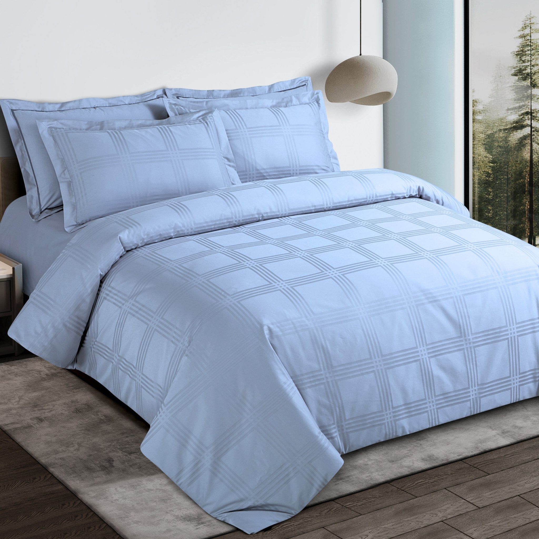 Malako Amalfi Jacquard Pigeon Blue Checks 550 TC 100% Cotton King Size Bedding Set - MALAKO