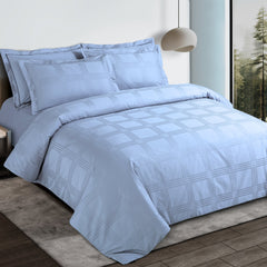 Malako Amalfi Jacquard Pigeon Blue Checks 550 TC 100% Cotton King Size Bedding Set - MALAKO