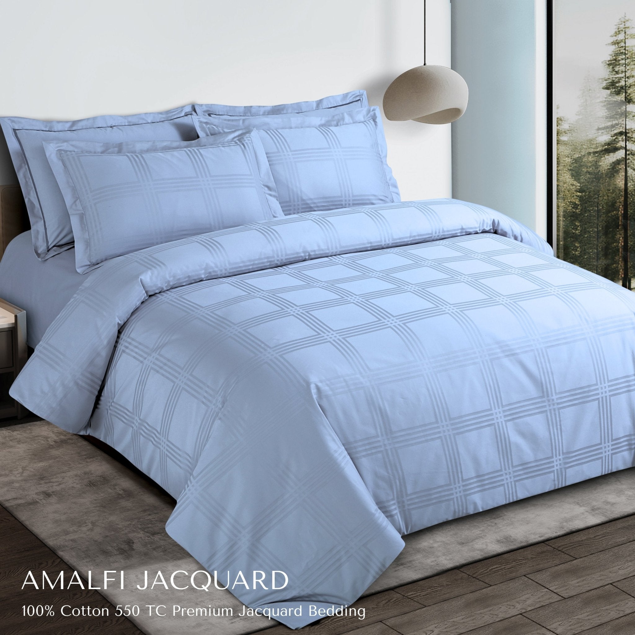 Malako Amalfi Jacquard Pigeon Blue Checks 550 TC 100% Cotton King Size Bedding Set - MALAKO