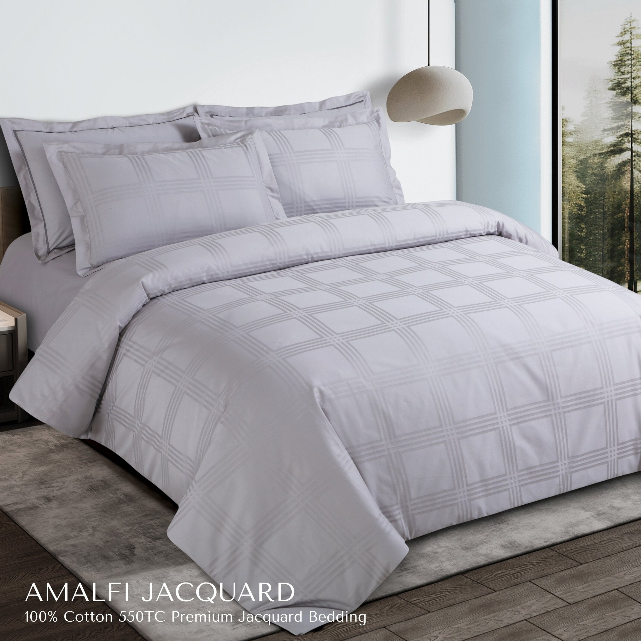 Malako Amalfi Jacquard Silver Grey Checks 550 TC 100% Cotton King Size Bedding Set - MALAKO
