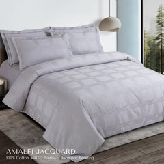 Malako Amalfi Jacquard Silver Grey Checks 550 TC 100% Cotton King Size Bedding Set - MALAKO