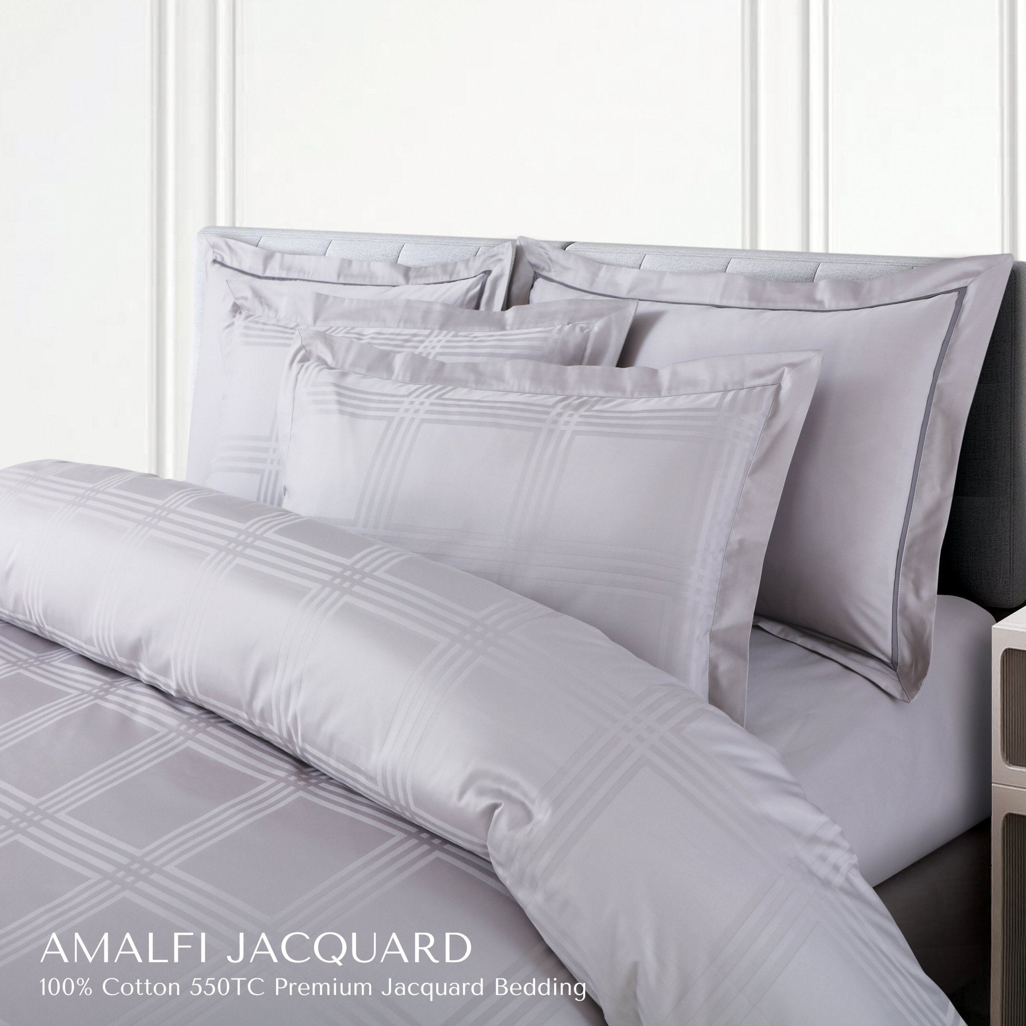 Malako Amalfi Jacquard Silver Grey Checks 550 TC 100% Cotton King Size Bedding Set - MALAKO
