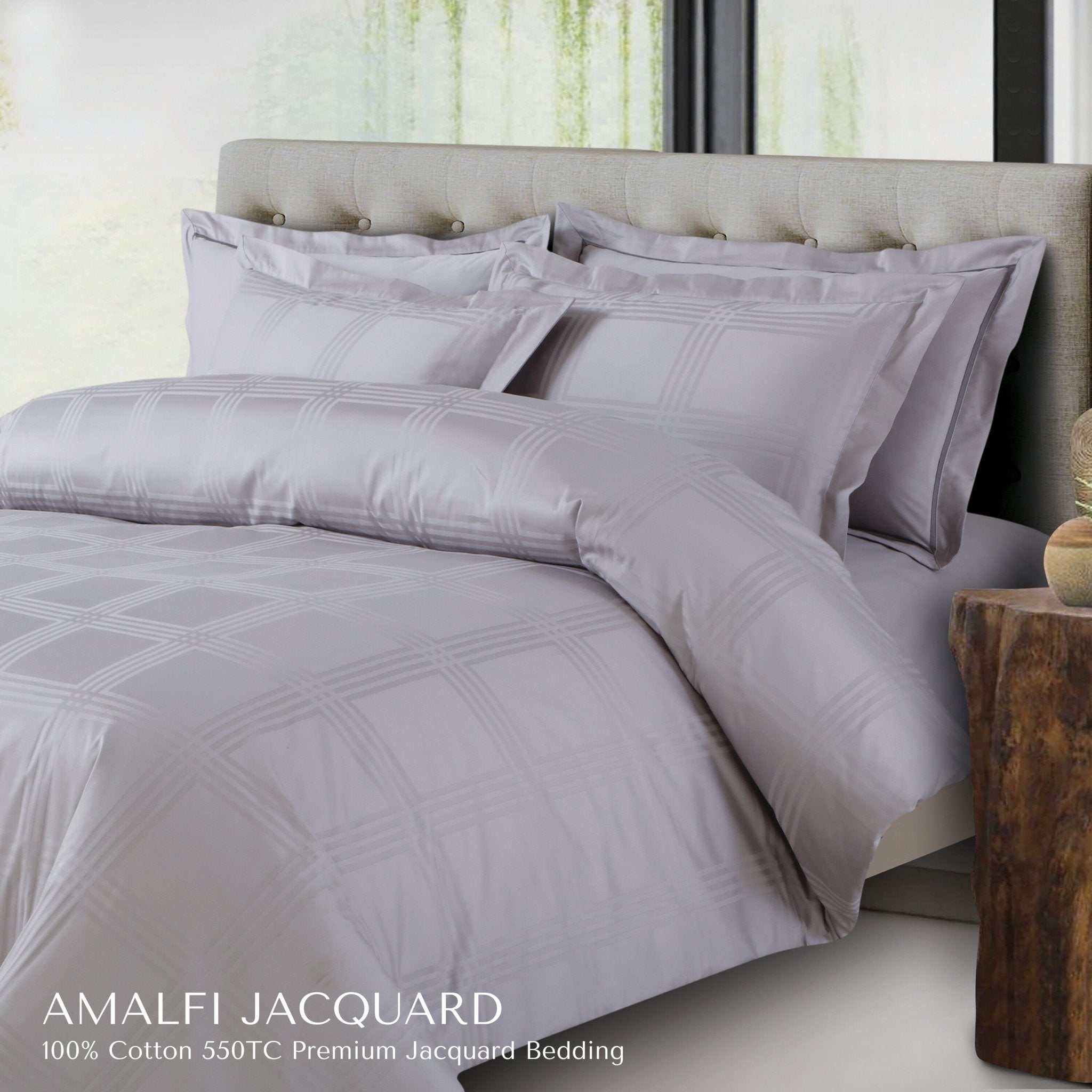 Malako Amalfi Jacquard Silver Grey Checks 550 TC 100% Cotton King Size Bedding Set - MALAKO