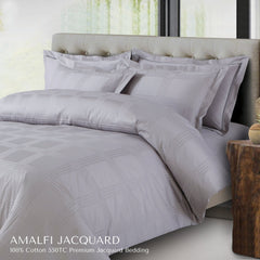 Malako Amalfi Jacquard Silver Grey Checks 550 TC 100% Cotton King Size Bedding Set - MALAKO