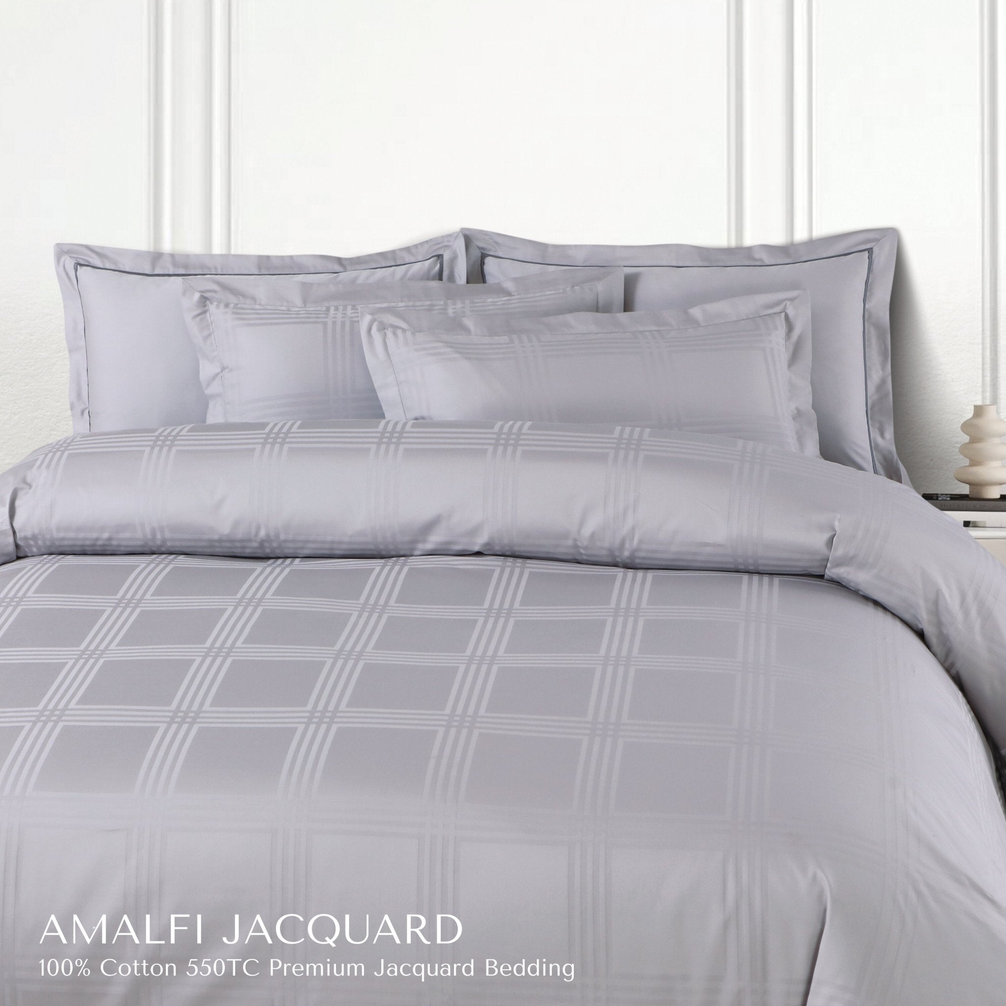 Malako Amalfi Jacquard Silver Grey Checks 550 TC 100% Cotton King Size Bedding Set - MALAKO