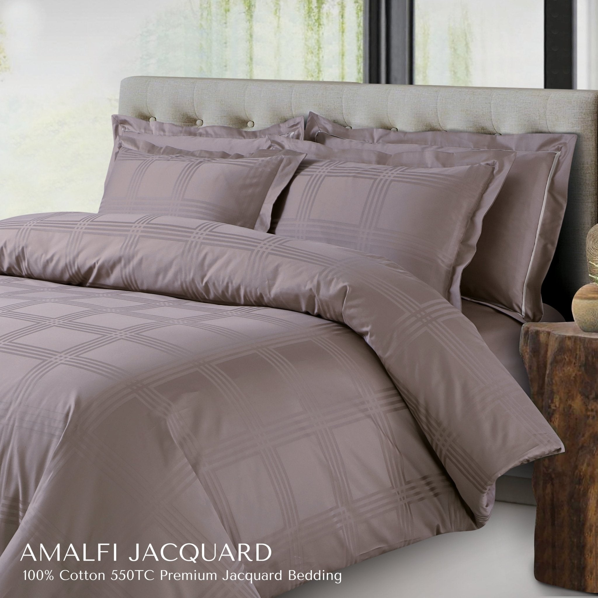Malako Amalfi Jacquard Taupe Brown Checks 550 TC 100% Cotton King Size Bedding Set - MALAKO