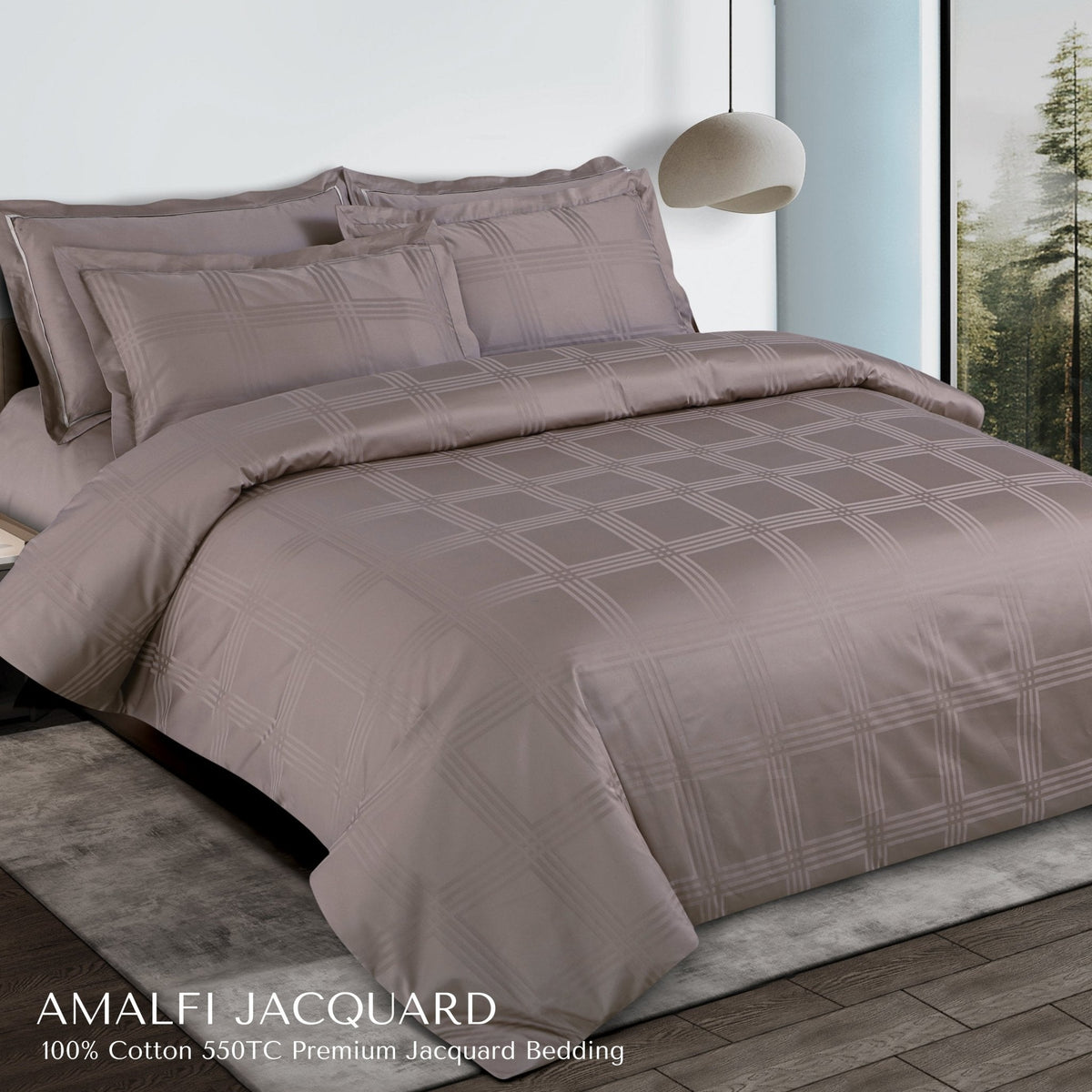 Malako Amalfi Jacquard Taupe Brown Checks 550 TC 100% Cotton King Size Bedding Set - MALAKO