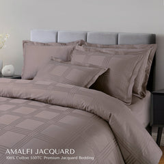 Malako Amalfi Jacquard Taupe Brown Checks 550 TC 100% Cotton King Size Bedding Set - MALAKO