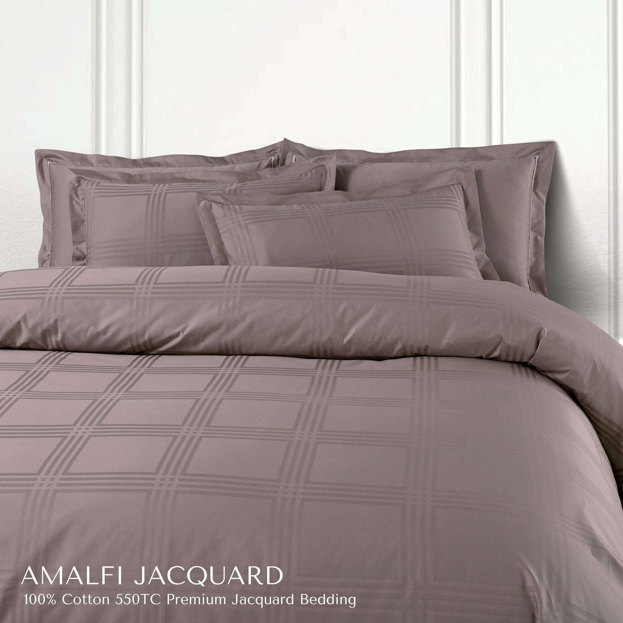 Malako Amalfi Jacquard Taupe Brown Checks 550 TC 100% Cotton King Size Bedding Set - MALAKO
