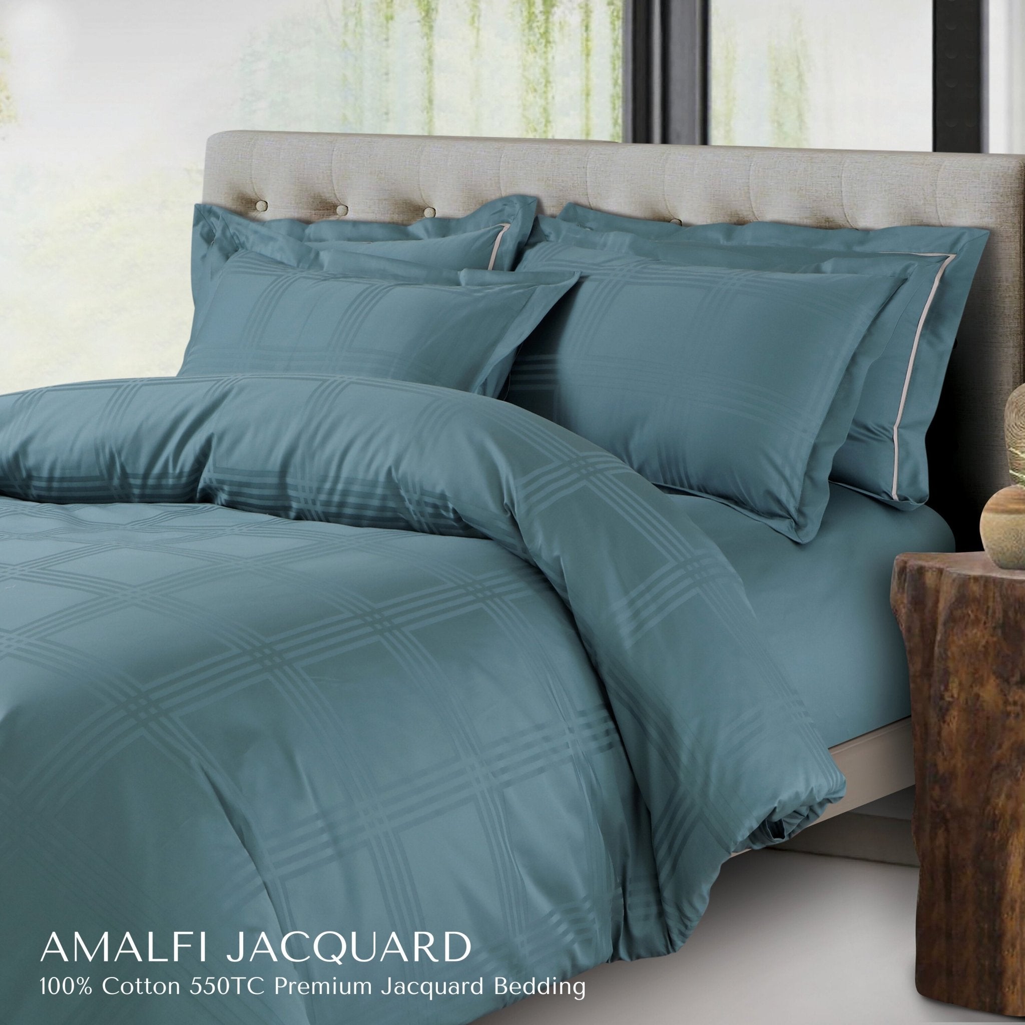 Malako Amalfi Jacquard Teal Green Checks 550 TC 100% Cotton Duvet Cover - MALAKO