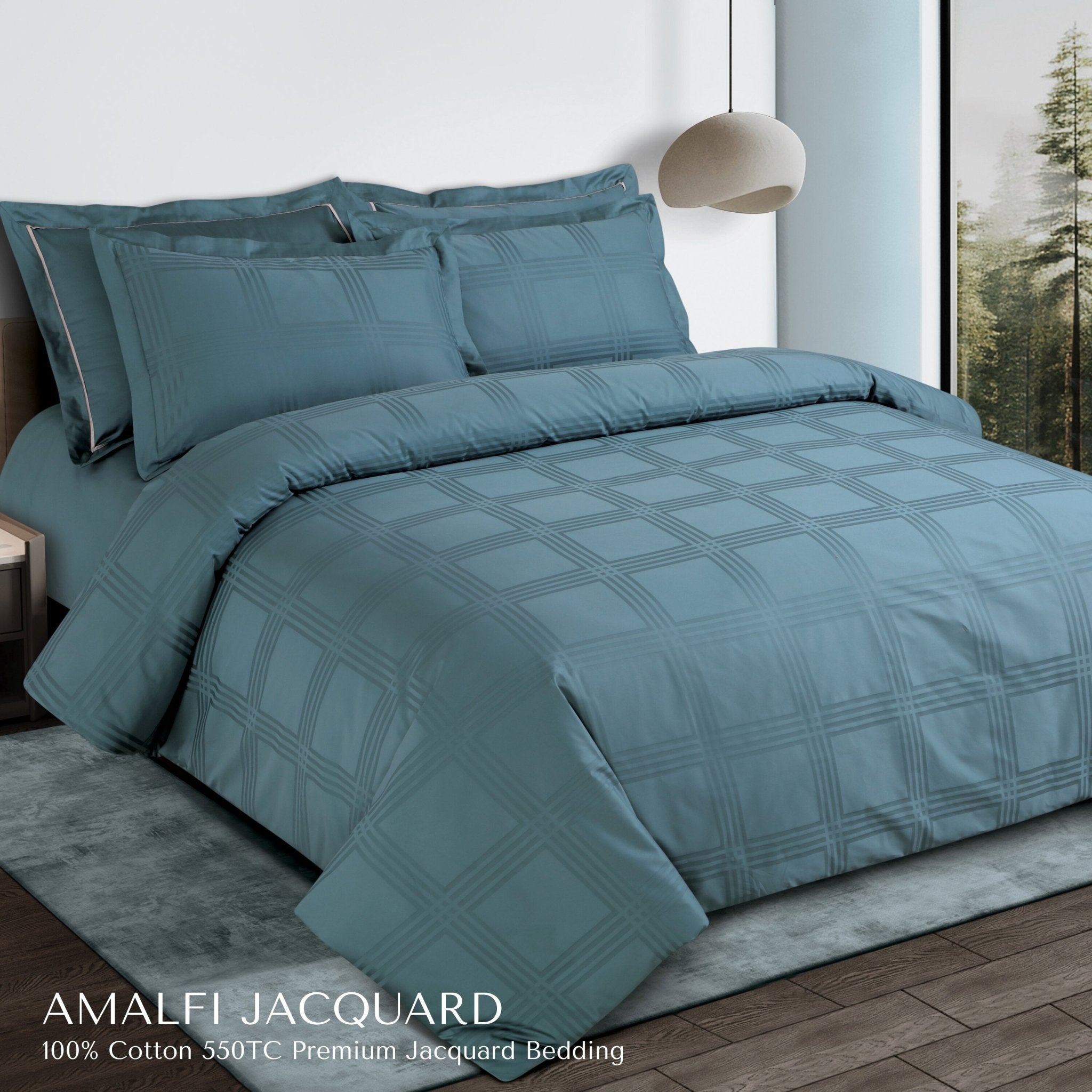 Malako Amalfi Jacquard Teal Green Checks 550 TC 100% Cotton Duvet Cover - MALAKO