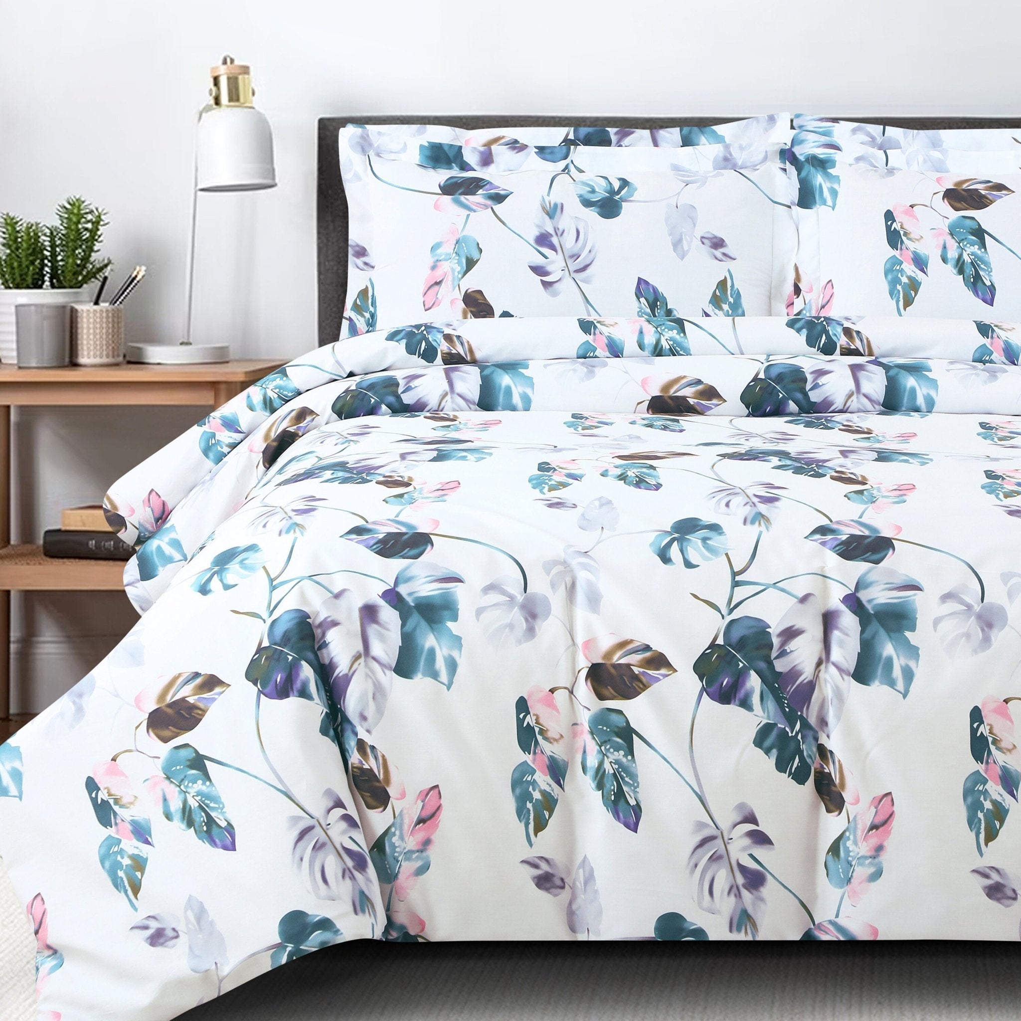 Malako Basel White Botanical 100% Cotton King Size Bedding Set - MALAKO