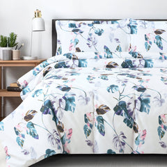 Malako Basel White Botanical 100% Cotton King Size Bedding Set - MALAKO