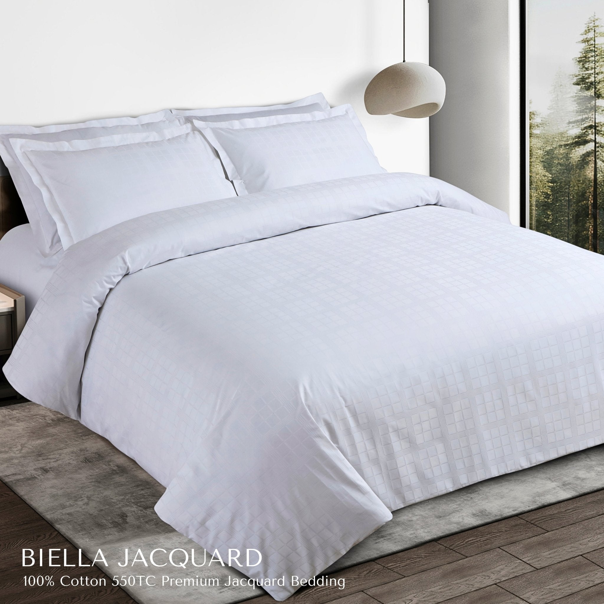 Malako Biella Jacquard Brilliant White Checks 550 TC 100% Cotton King Size 6 Piece Bedding Set - MALAKO