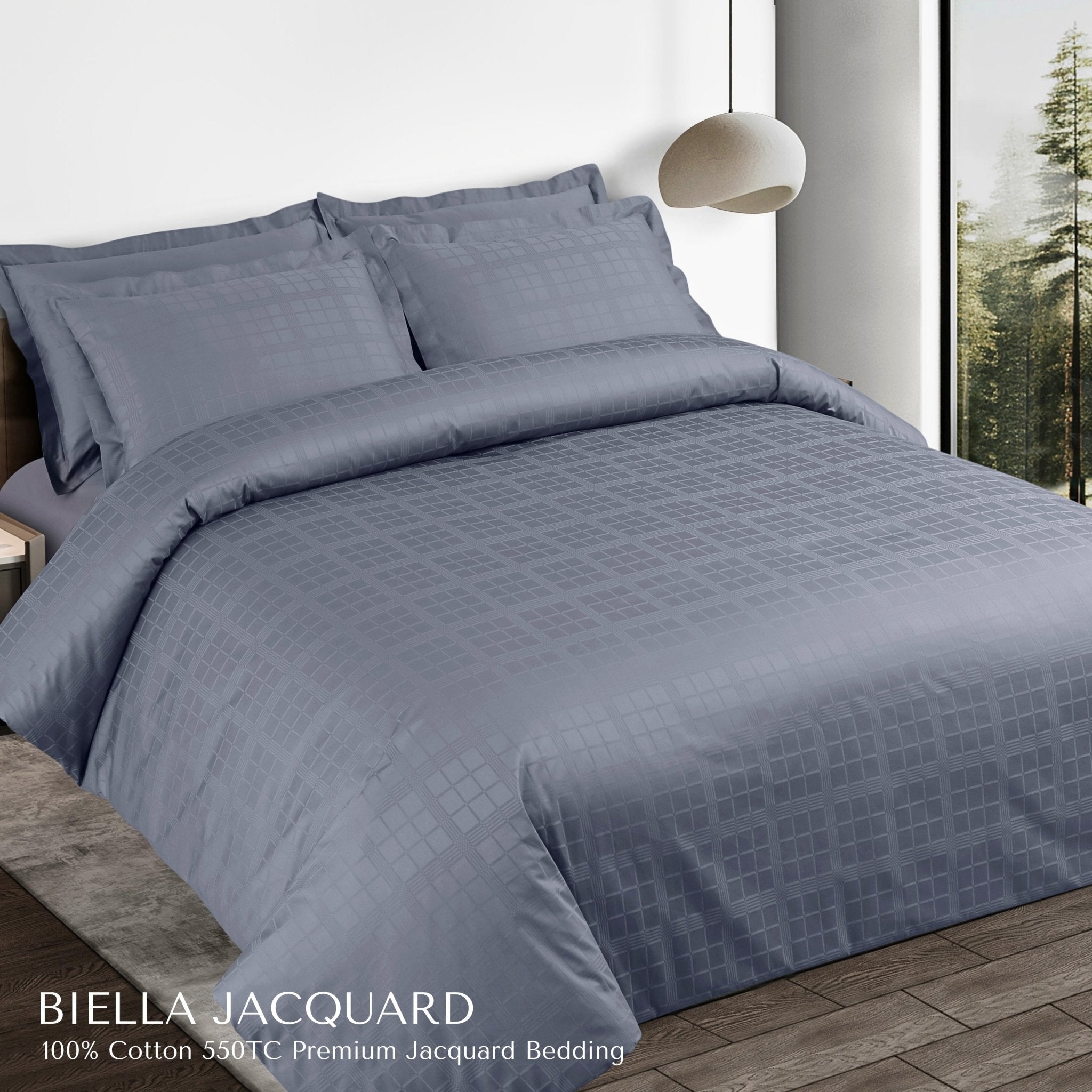 Malako Biella Jacquard Grey Checks 550 TC 100% Cotton King Size 6 Piece Bedding Set - MALAKO
