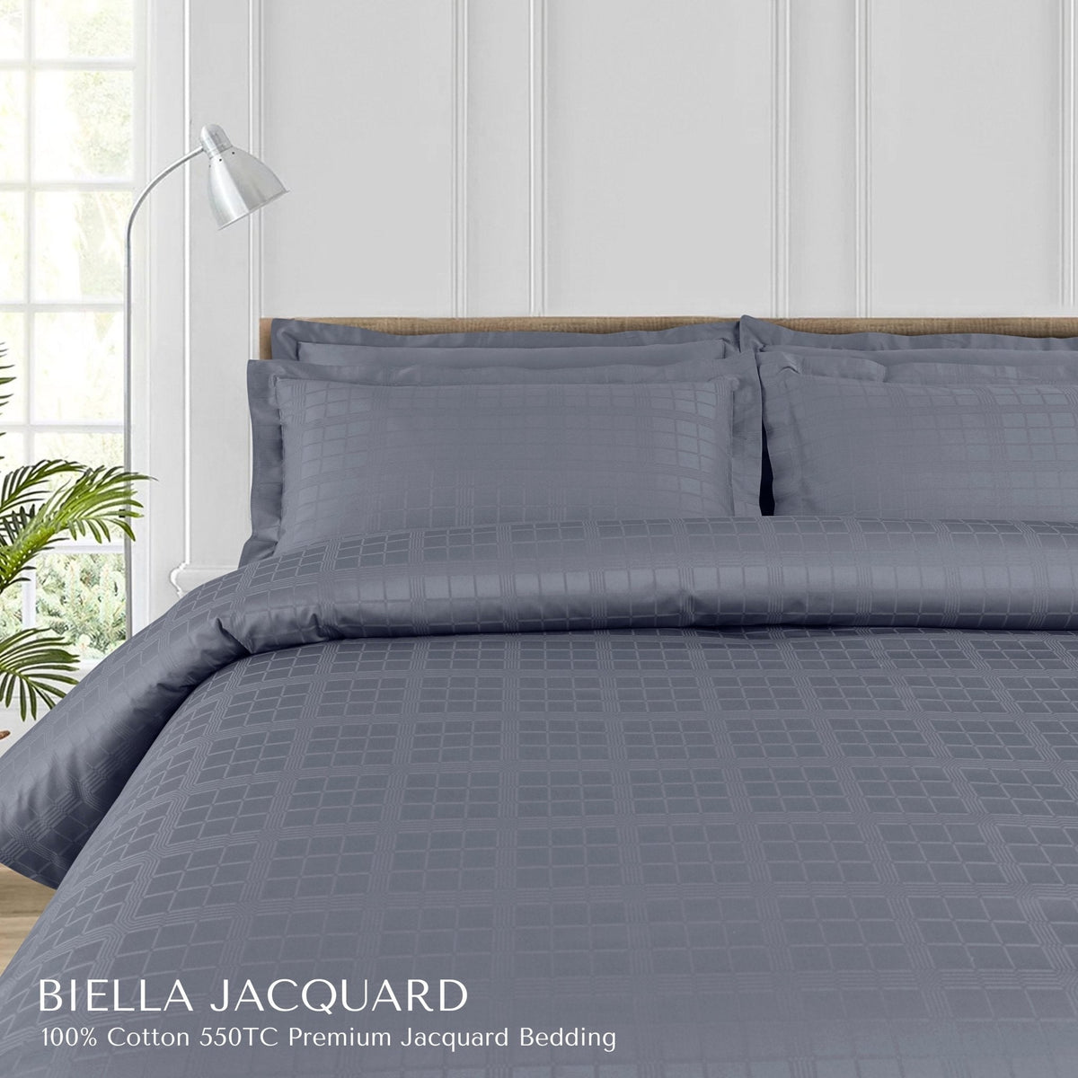 Malako Biella Jacquard Grey Checks 550 TC 100% Cotton King Size 6 Piece Bedding Set - MALAKO