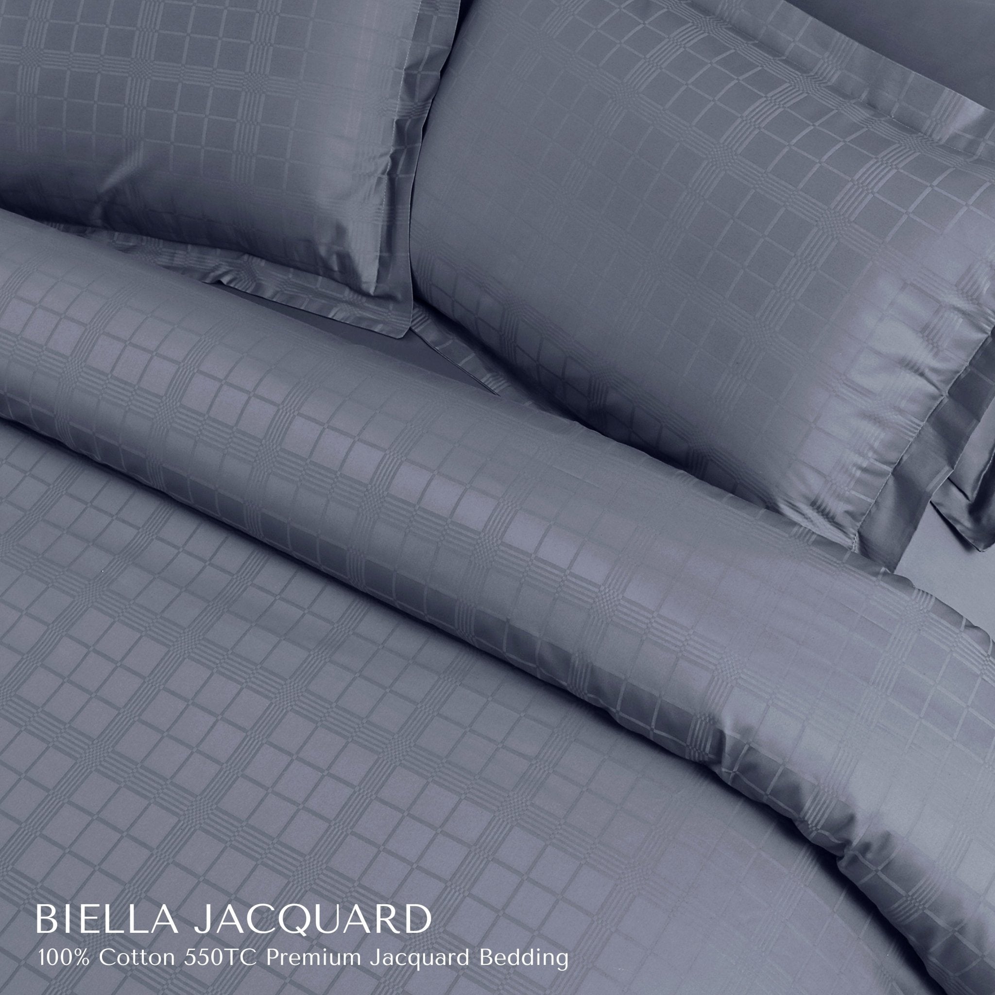 Malako Biella Jacquard Grey Checks 550 TC 100% Cotton King Size 6 Piece Bedding Set - MALAKO