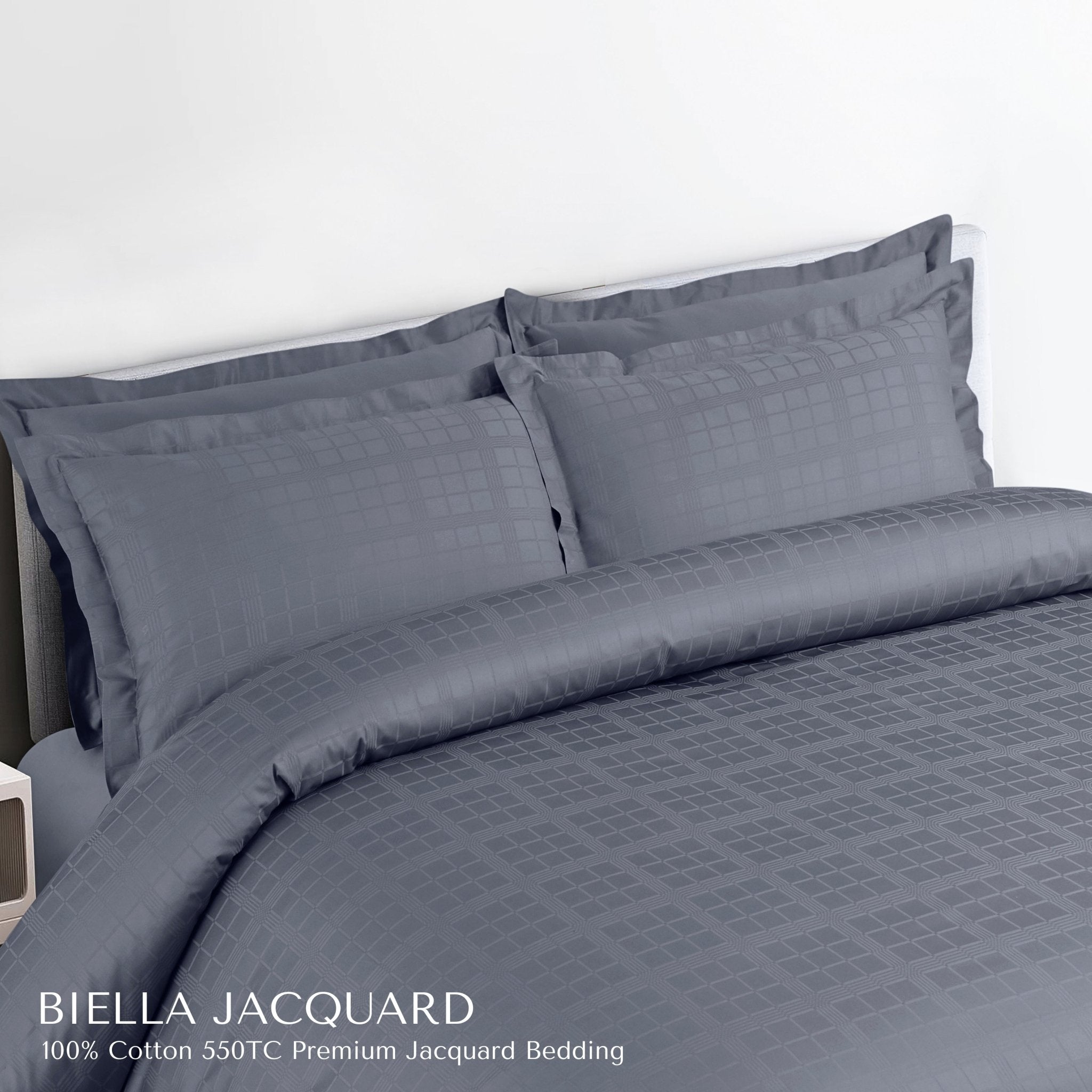 Malako Biella Jacquard Grey Checks 550 TC 100% Cotton King Size 6 Piece Bedding Set - MALAKO