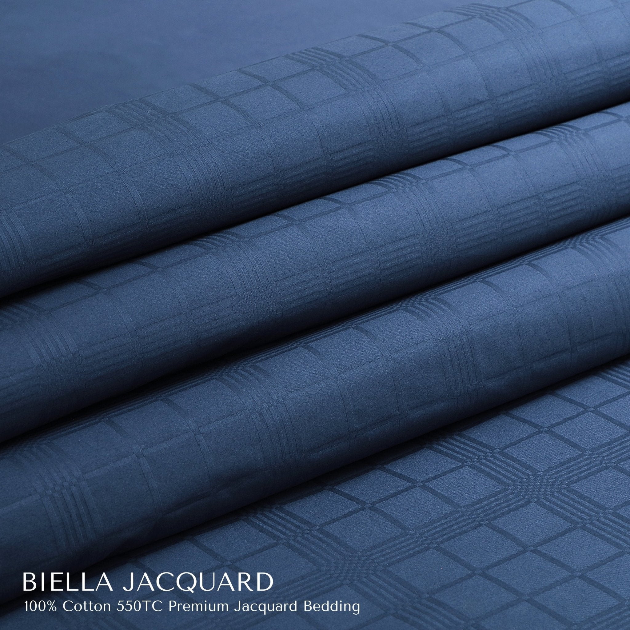 Malako Biella Jacquard Majolica Blue Checks 550 TC 100% Cotton King Size 6 Piece Bedding Set - MALAKO