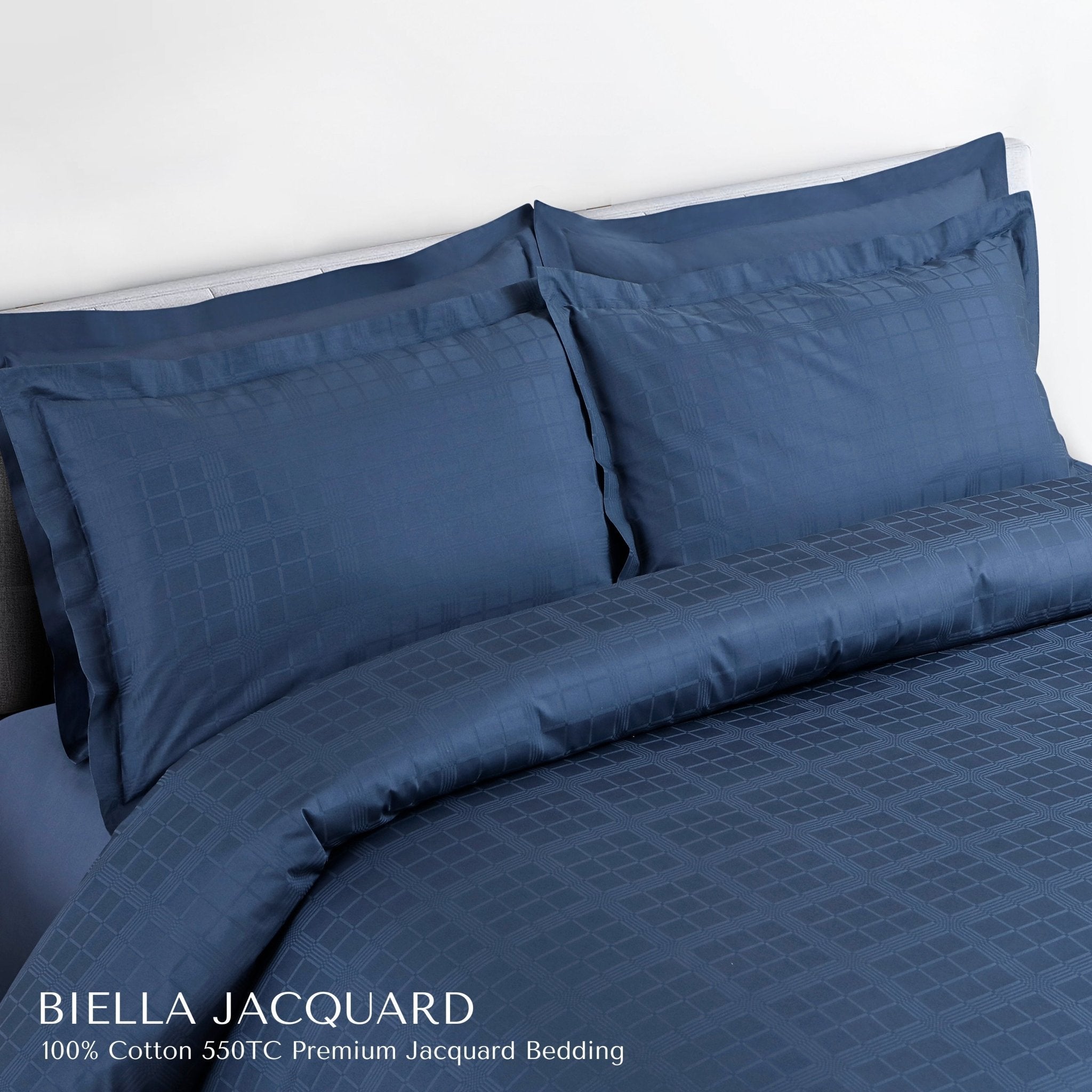 Malako Biella Jacquard Majolica Blue Checks 550 TC 100% Cotton King Size 6 Piece Bedding Set - MALAKO