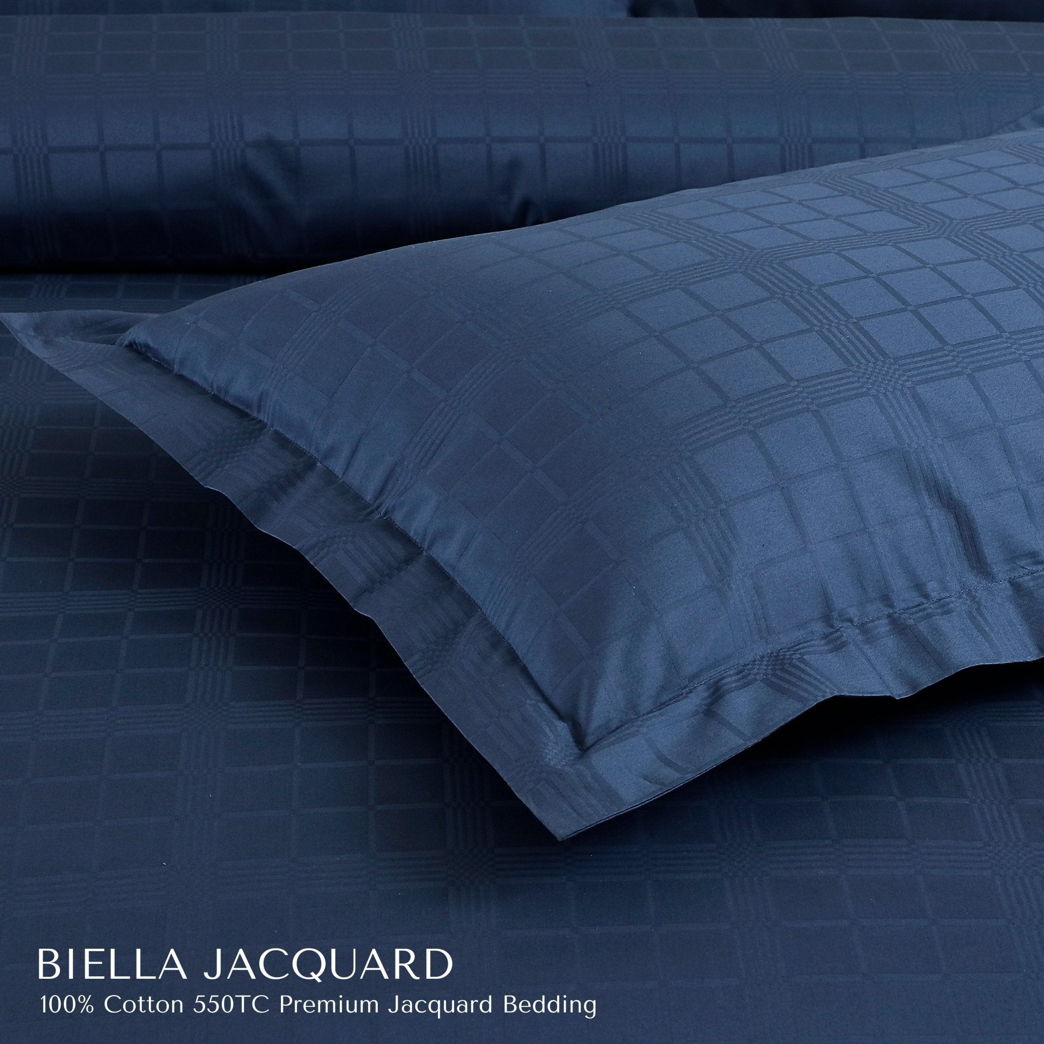 Malako Biella Jacquard Majolica Blue Checks 550 TC 100% Cotton King Size 6 Piece Bedding Set - MALAKO