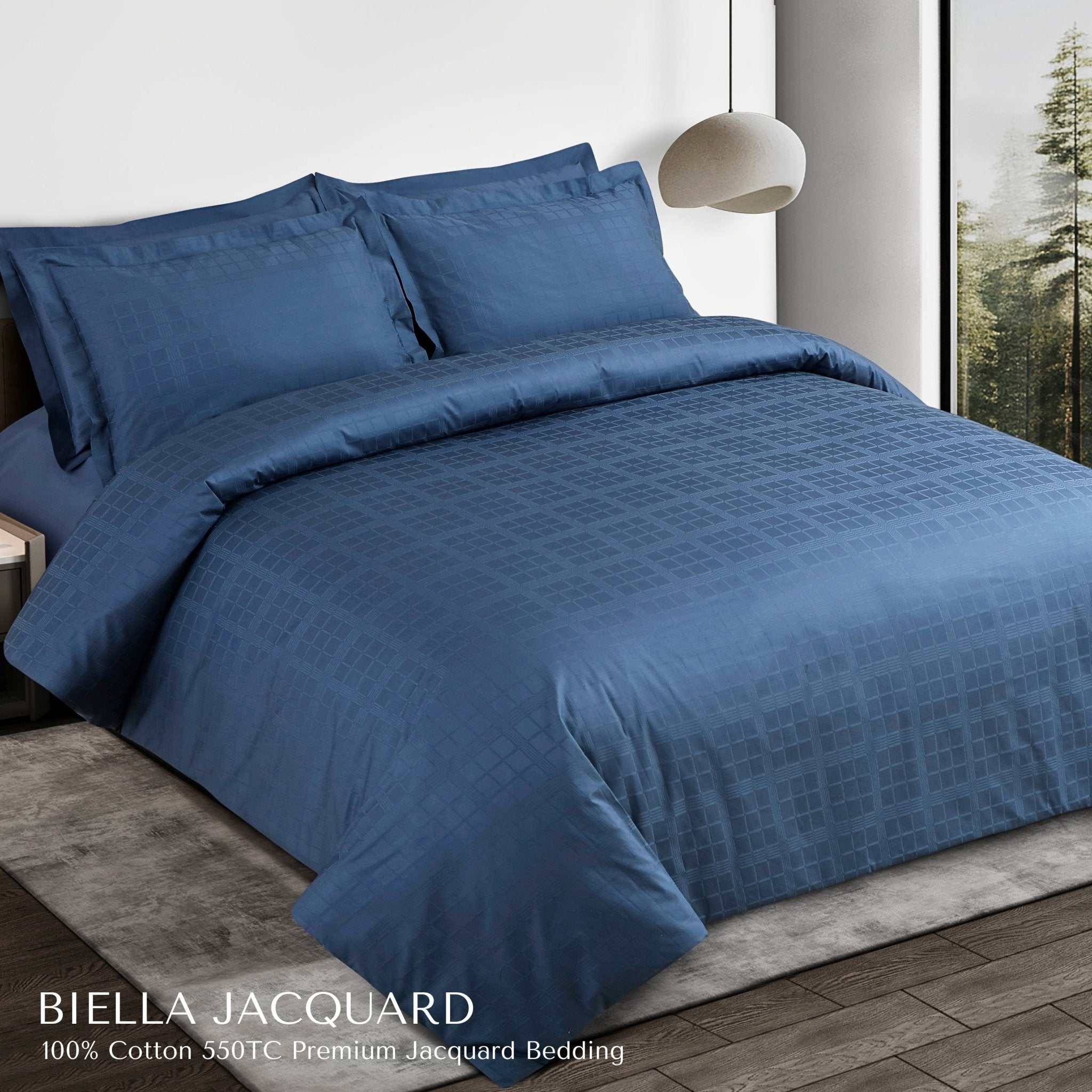 Malako Biella Jacquard Majolica Blue Checks 550 TC 100% Cotton King Size 6 Piece Bedding Set - MALAKO