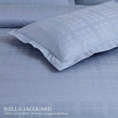 Malako Biella Jacquard Pigeon Blue Checks 550 TC 100% Cotton King Size 6 Piece Bedding Set - MALAKO