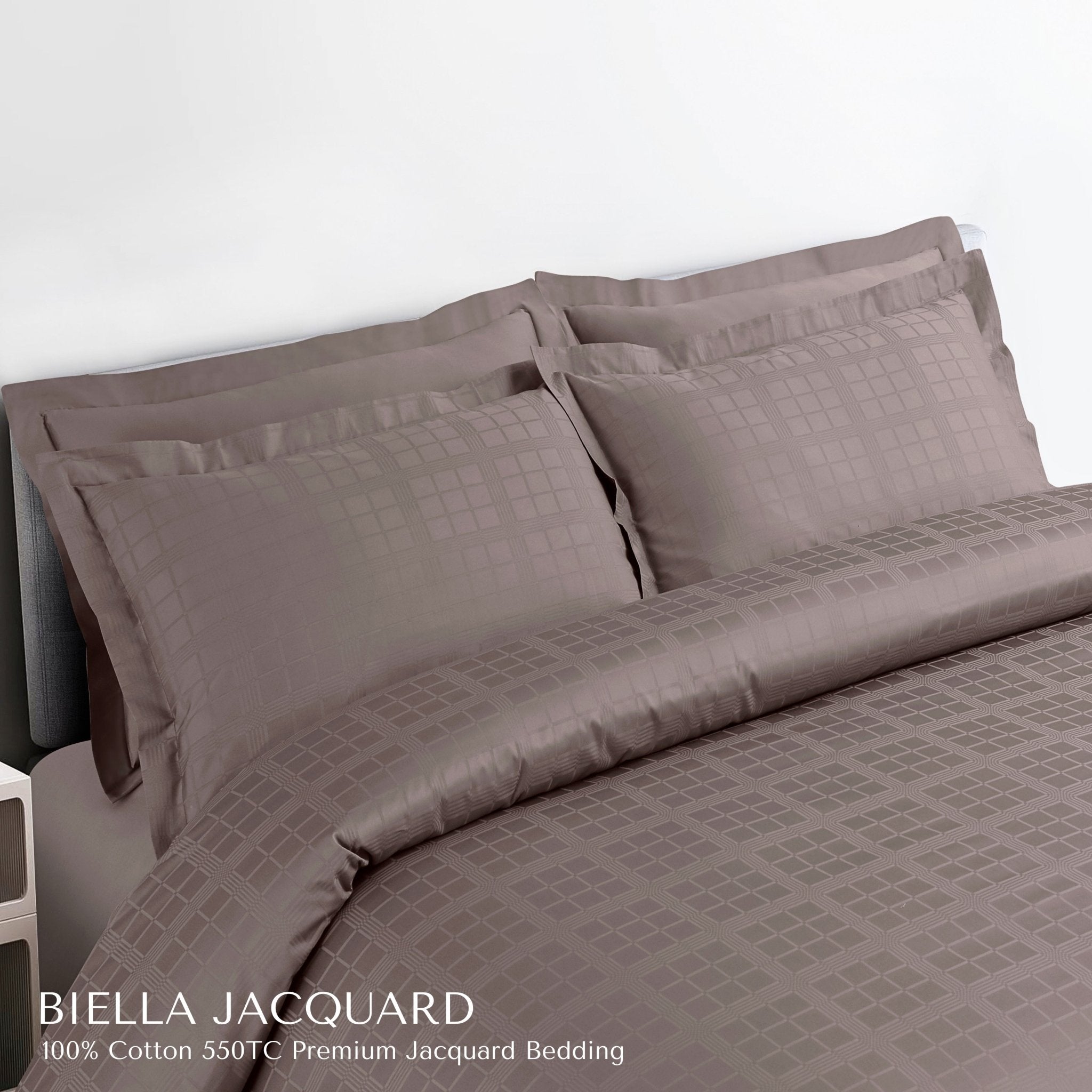 Malako Biella Jacquard Taupe Brown Checks 550 TC 100% Cotton King Size 6 Piece Bedding Set - MALAKO