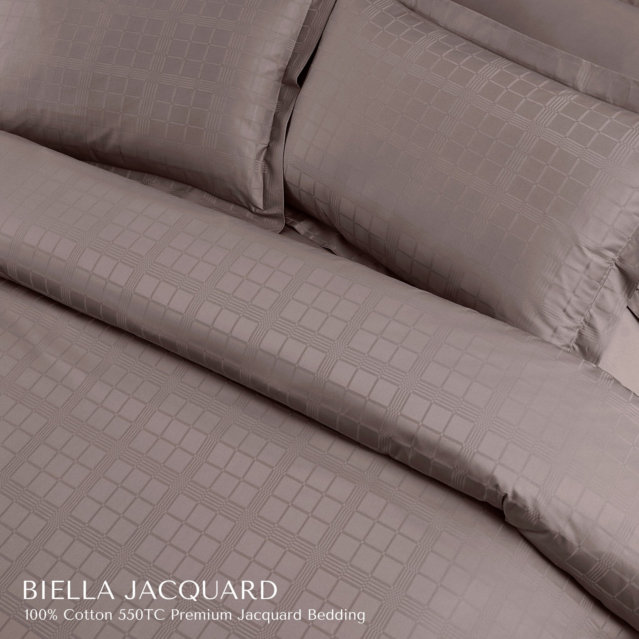 Malako Biella Jacquard Taupe Brown Checks 550 TC 100% Cotton King Size 6 Piece Bedding Set - MALAKO