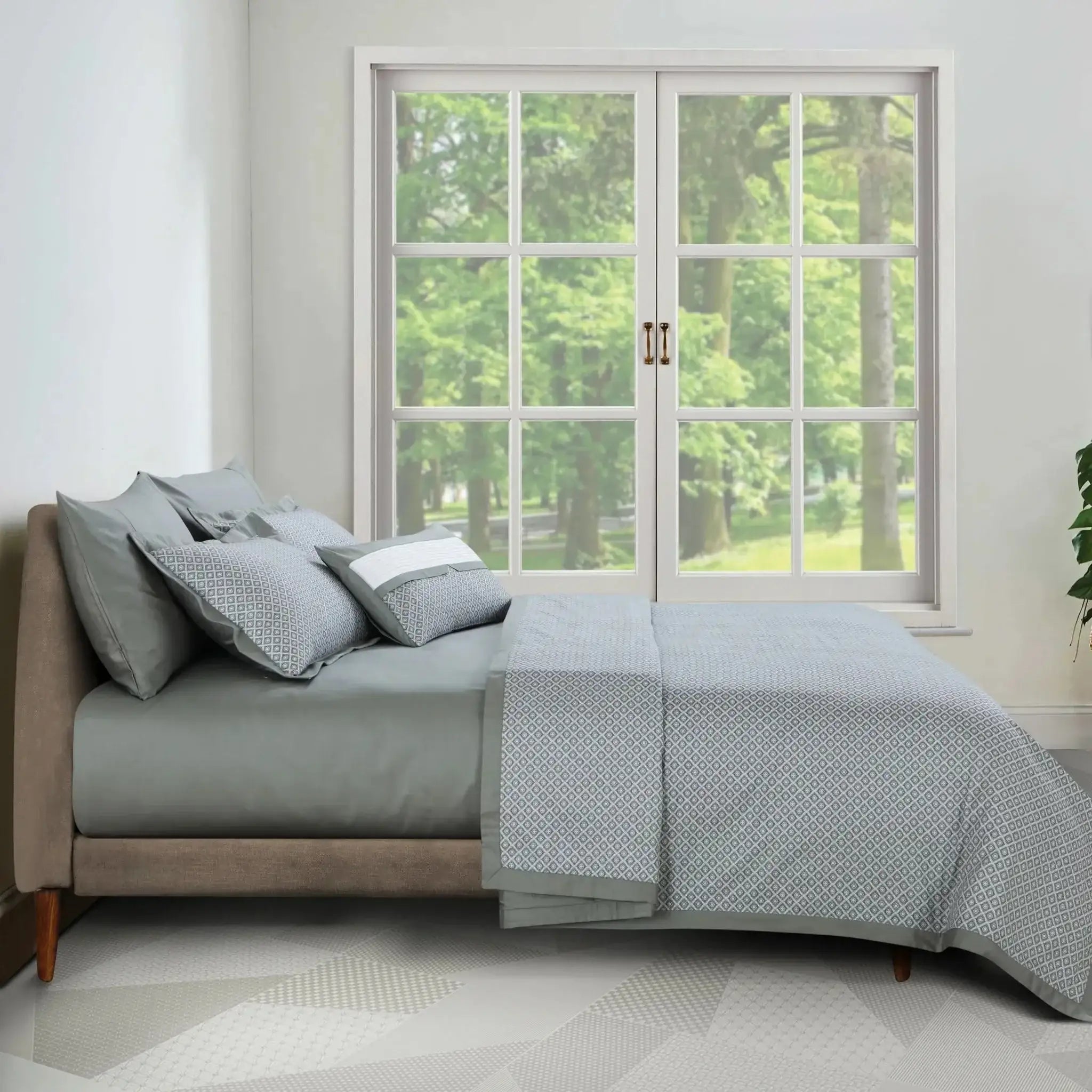 Malako Caèn 500TC 100% Egyptian Cotton Olive Grey Modern Abstract 7 Piece Flannel Dohar Set - MALAKO