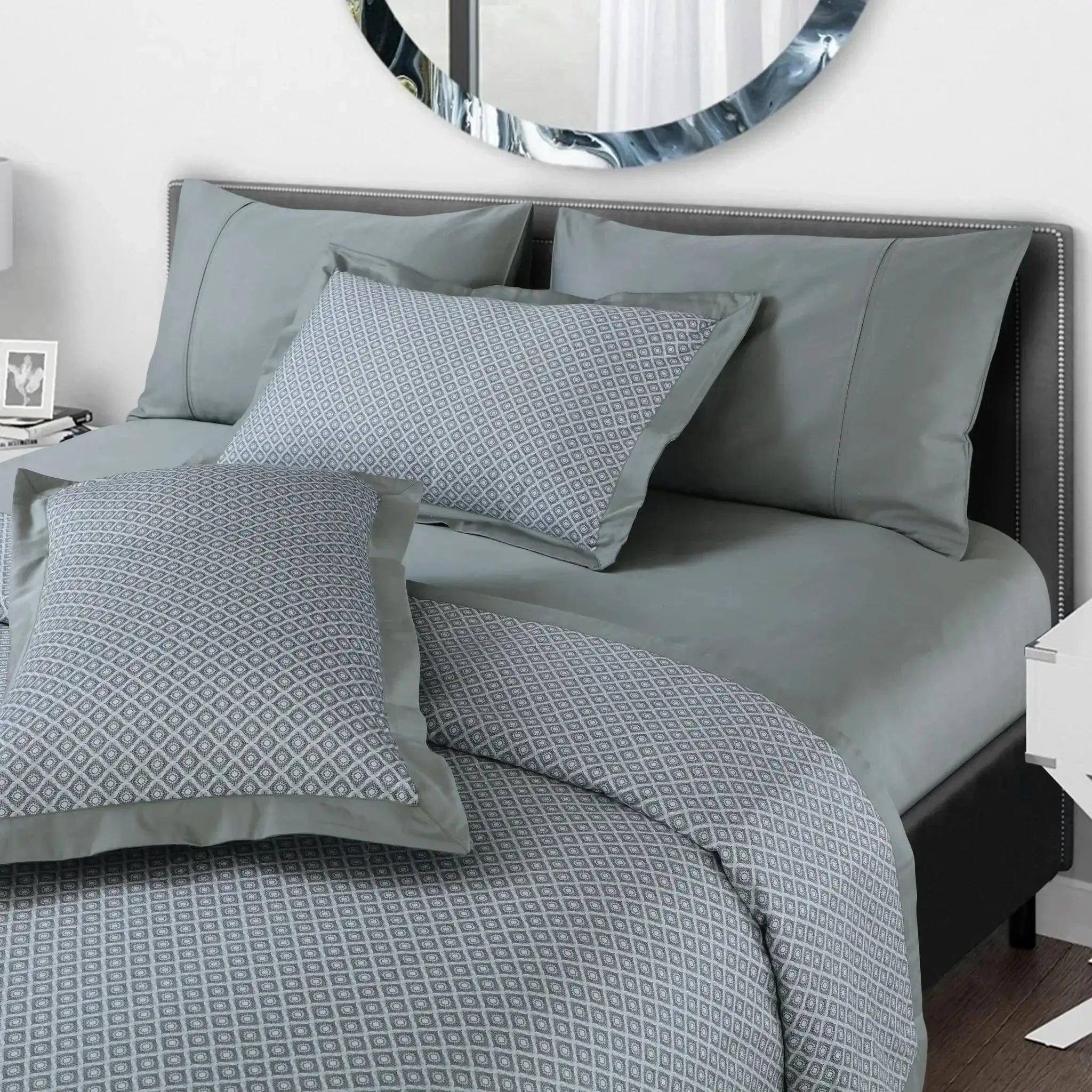 Malako Caèn 500TC 100% Egyptian Cotton Olive Grey Modern Abstract 7 Piece Flannel Dohar Set - MALAKO