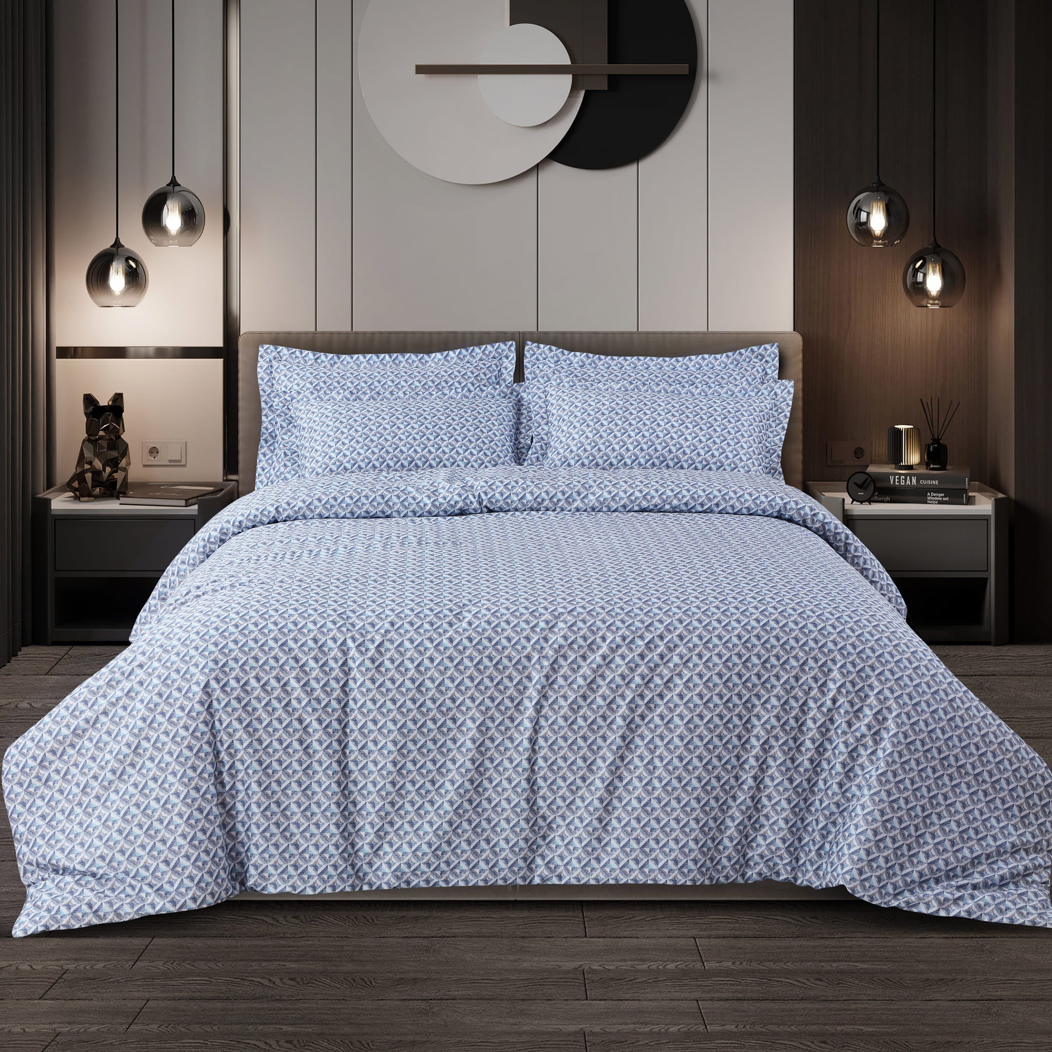 Malako Caèn Bedding Set - Blue Abstract 100% Cotton King Size Bedsheet With Comforter - MALAKO