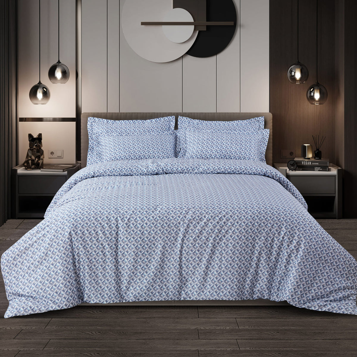 Malako Caèn Bedding Set - Blue Abstract 100% Cotton King Size Bedsheet With Comforter - MALAKO